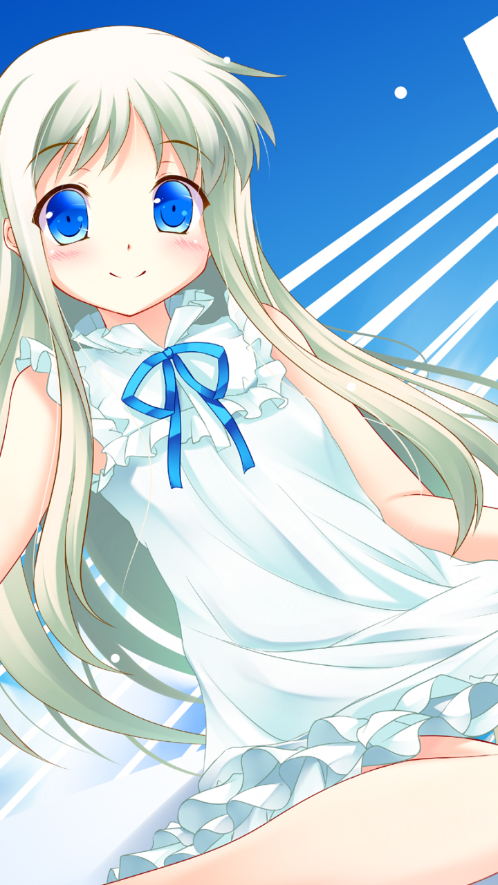 Download mobile wallpaper Anime, Smile, Blonde, Dress, Blue Eyes, Blush, Long Hair, Bow (Clothing), White Dress, Meiko Honma, Anohana for free.