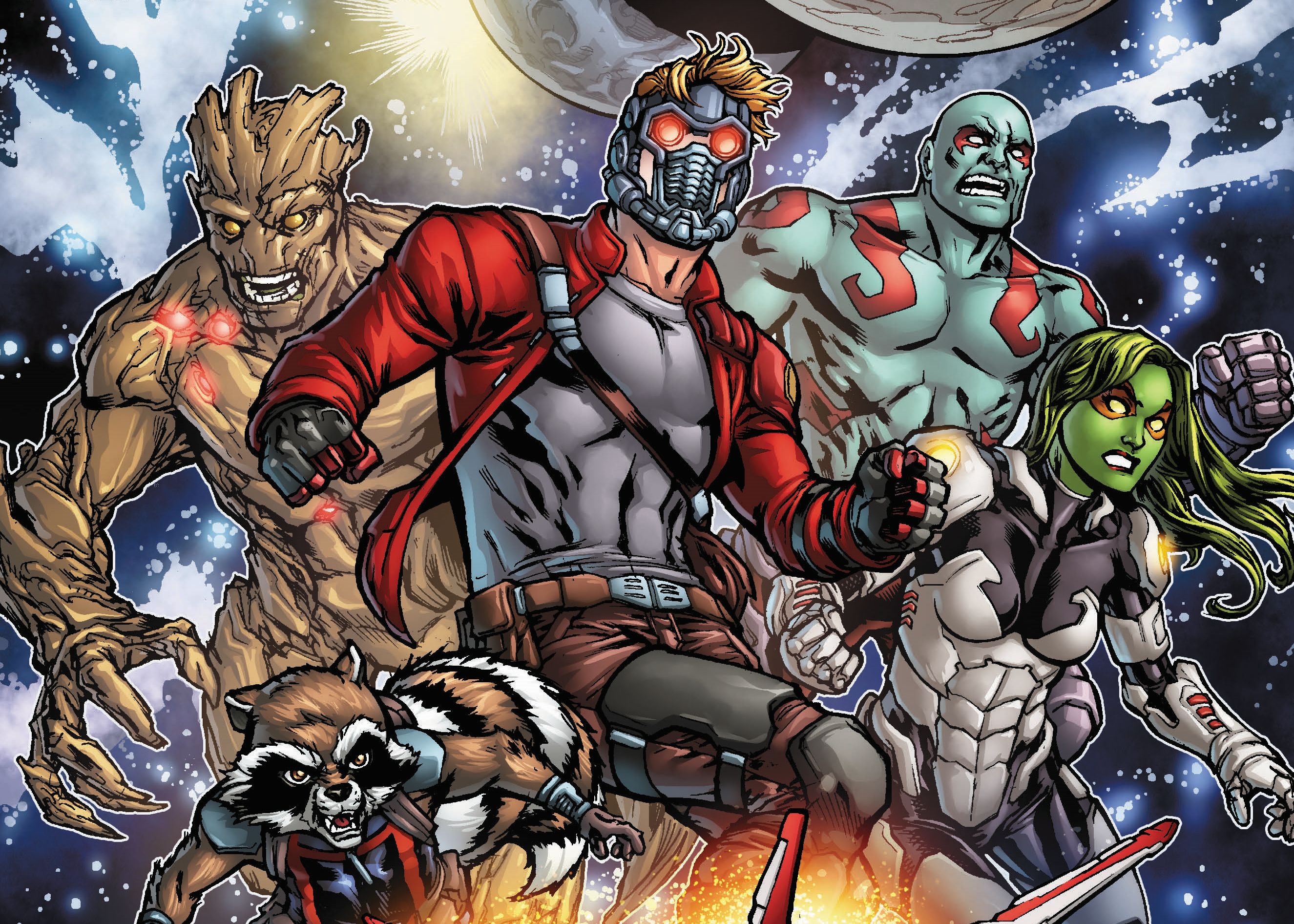 Download mobile wallpaper Comics, Guardians Of The Galaxy, Rocket Raccoon, Star Lord, Drax The Destroyer, Gamora, Groot for free.
