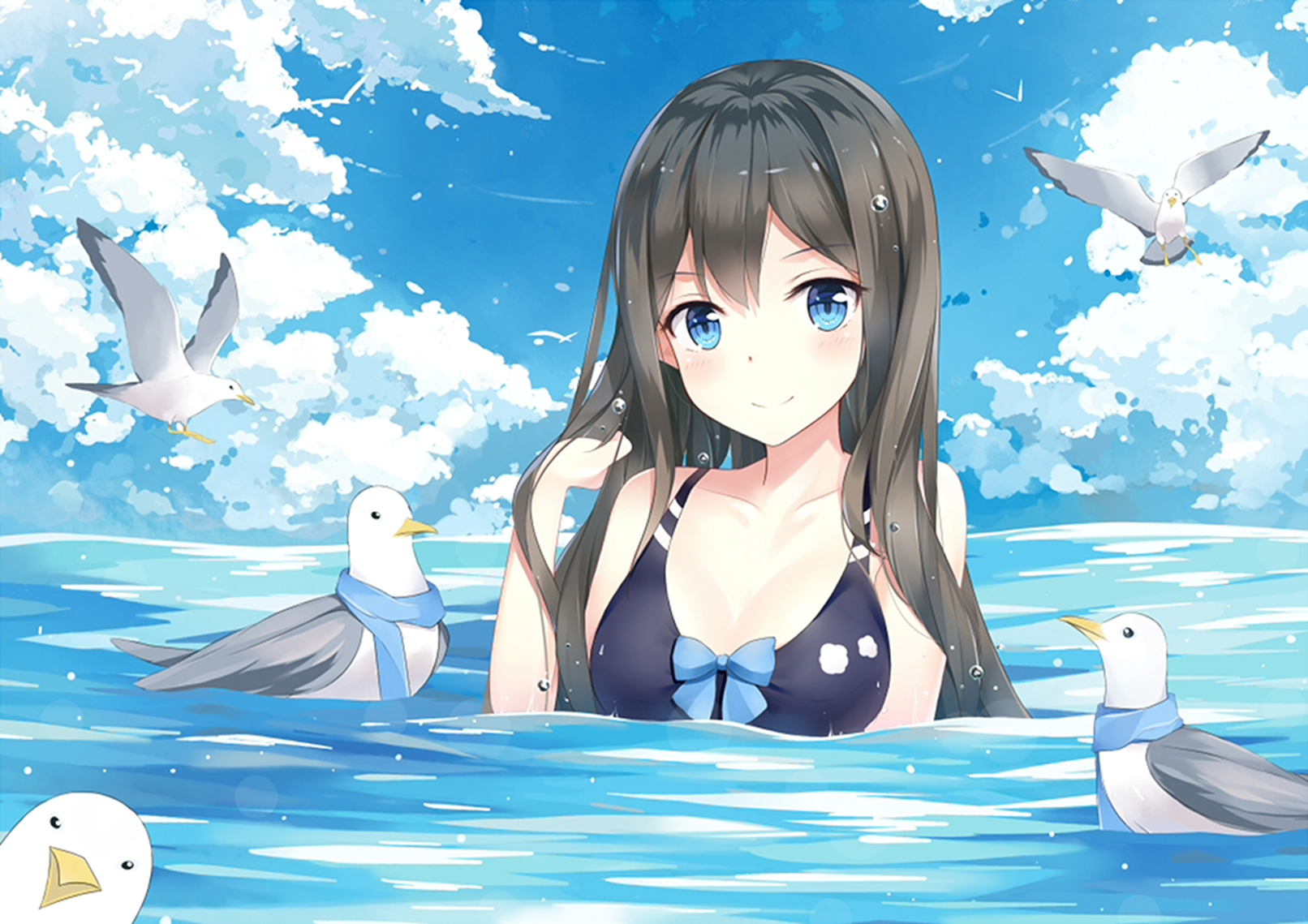 Download mobile wallpaper Anime, Water, Sky, Sea, Bird, Cloud, Original for free.