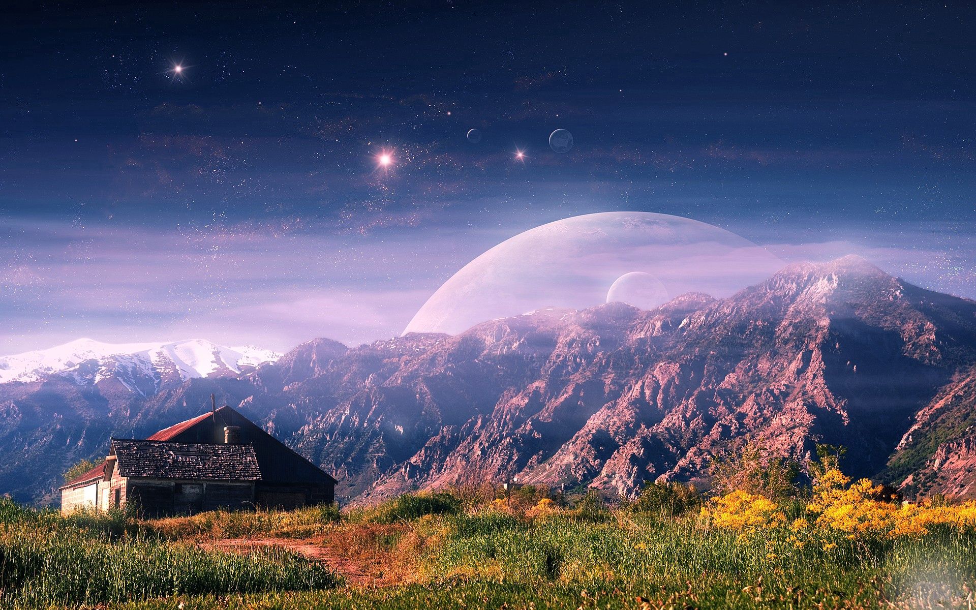 mountains, lodge, small house, planets, nature
