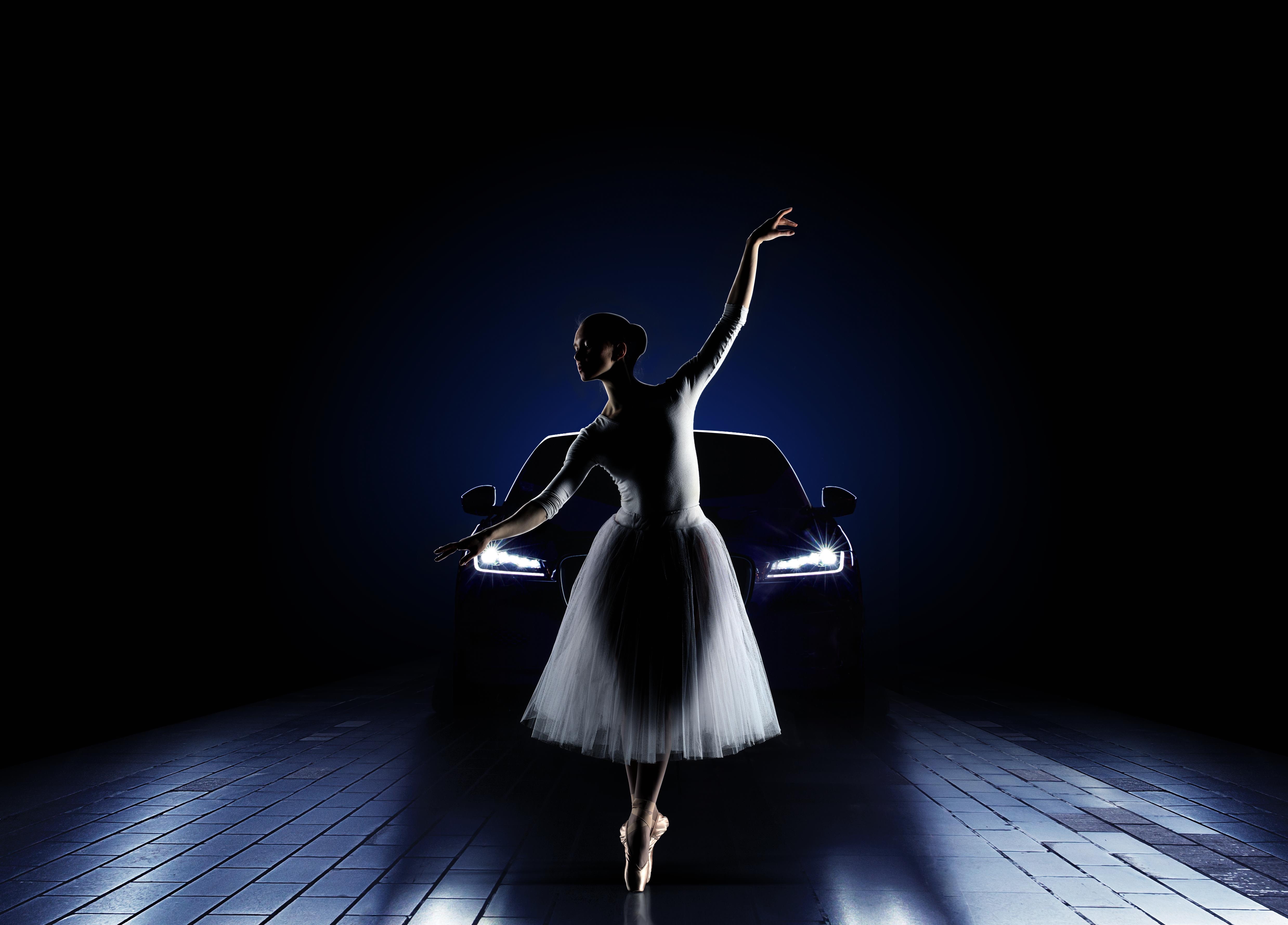 ballerina, lights, jaguar, cars, car, girl, headlights