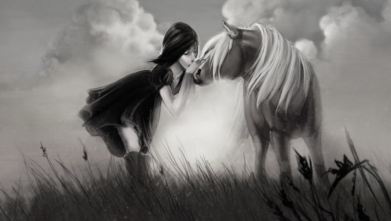 Free download wallpaper Grass, Sky, Artistic, Horse, Women, Black & White on your PC desktop