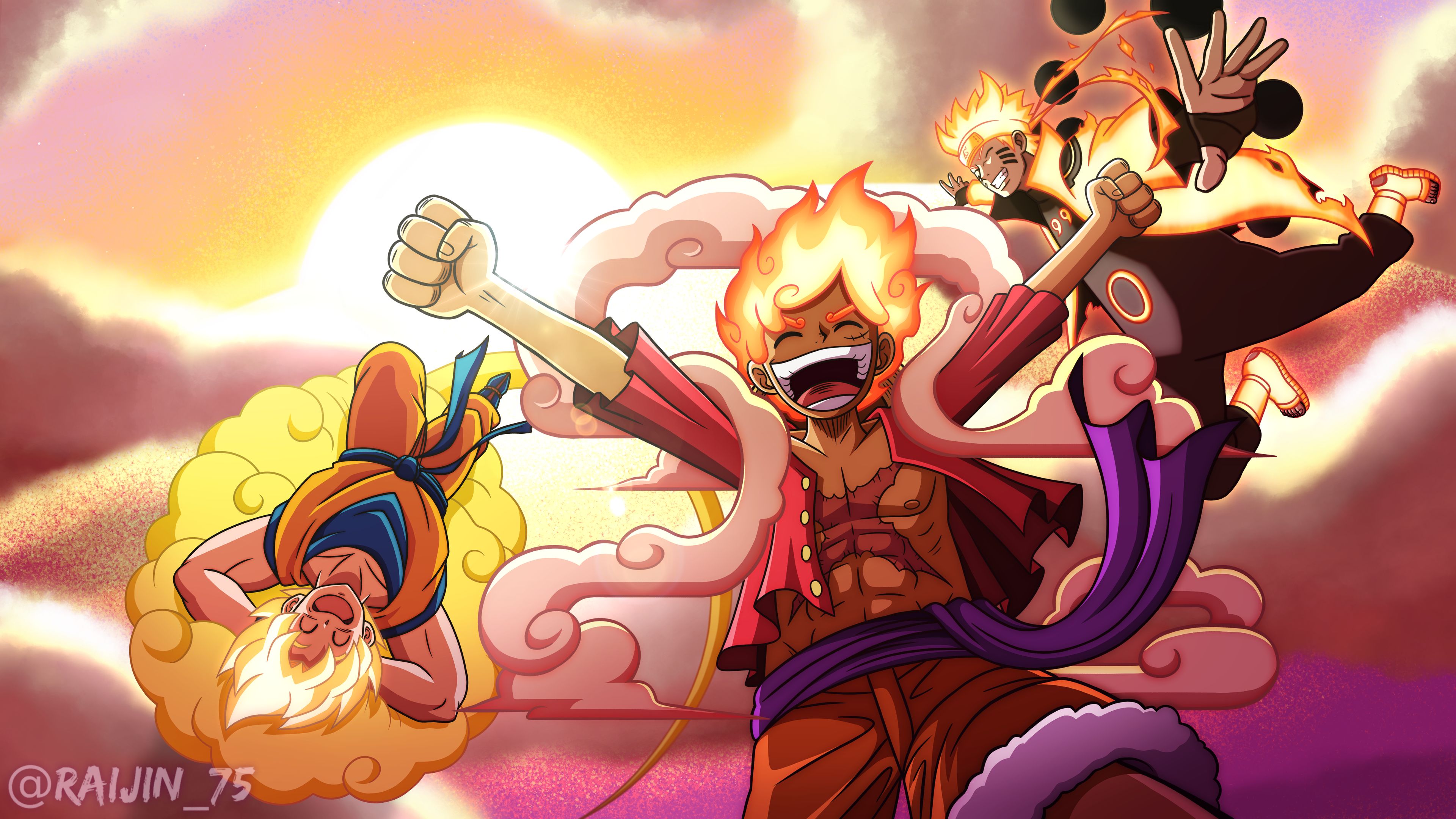 Free download wallpaper Anime, Crossover, Goku, Naruto Uzumaki, Monkey D Luffy, Gear 5 (One Piece) on your PC desktop