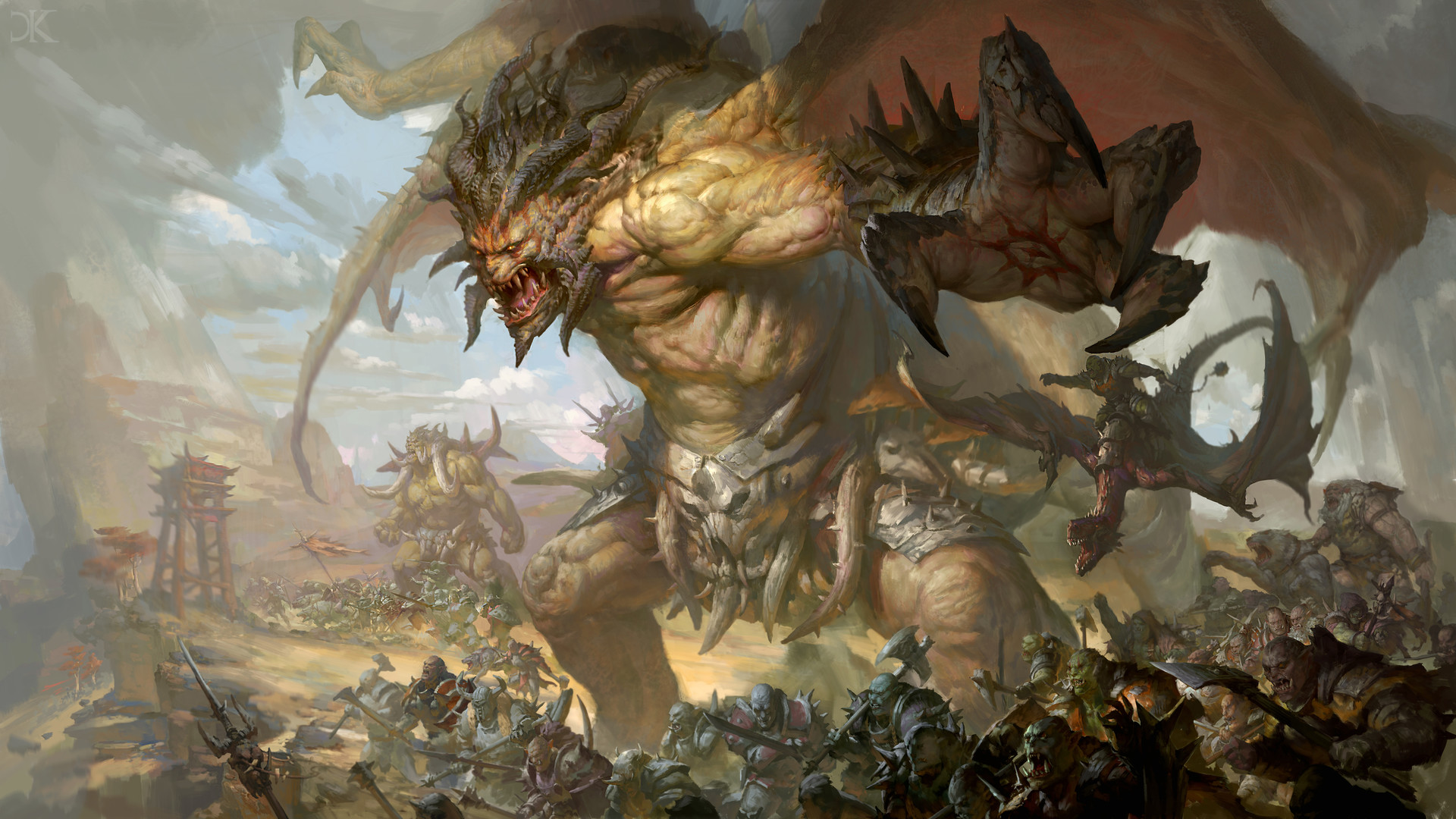 Download mobile wallpaper Fantasy, Wings, Warrior, Creature, Horns, Battle, Orc for free.
