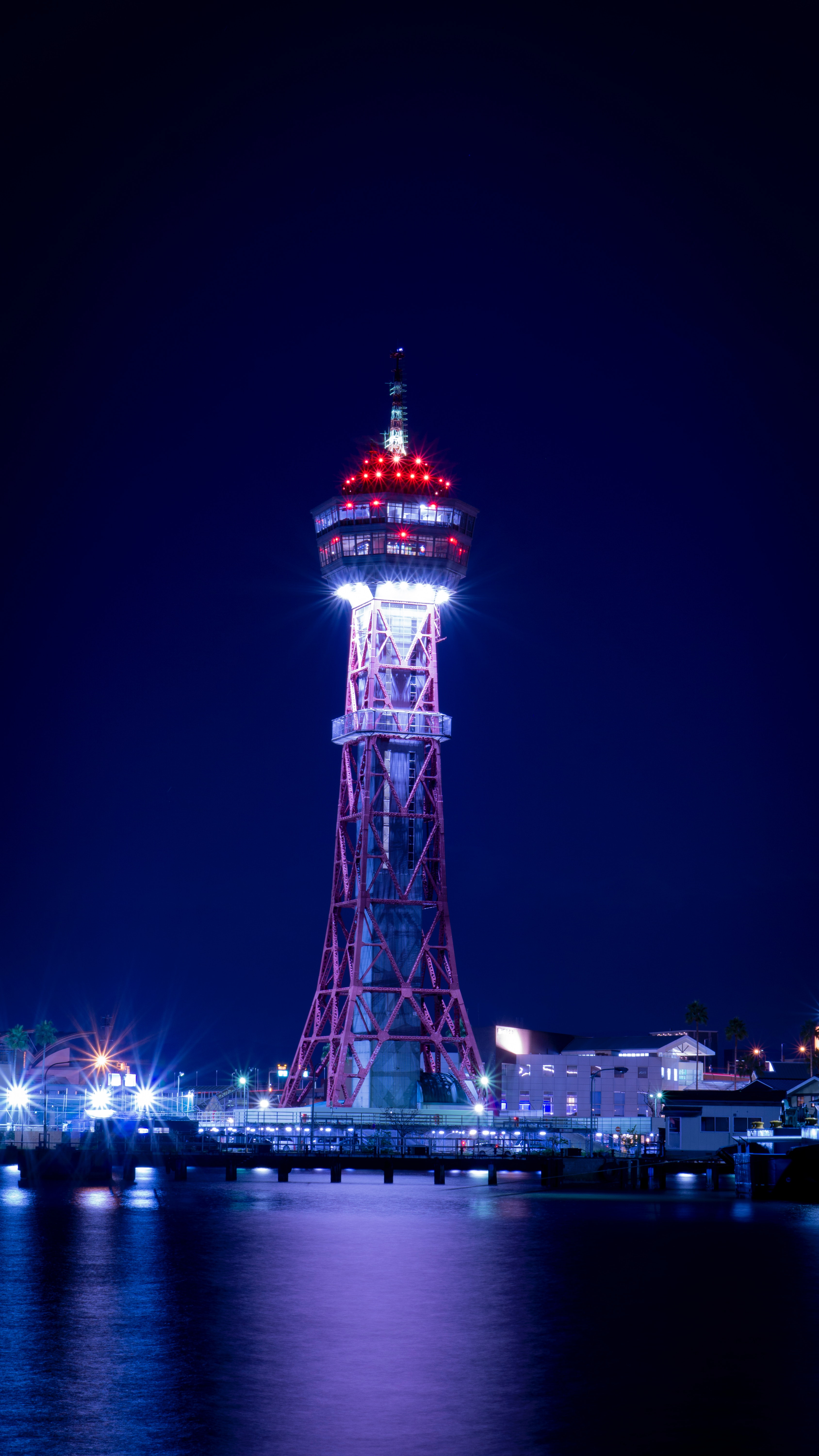 Download mobile wallpaper Wharf, Fukuoka, Cities, Berth, Tower, Night City, Lighthouse, Japan for free.