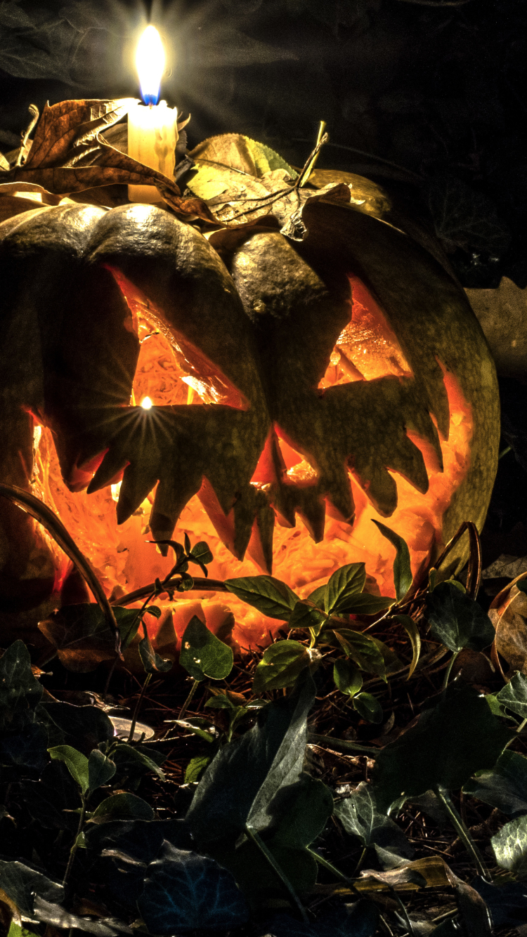 Download mobile wallpaper Halloween, Flame, Holiday, Leaf, Candle, Jack O' Lantern for free.