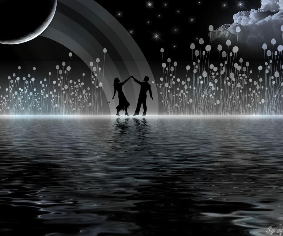 Download mobile wallpaper Night, Moon, Love, Artistic, Cloud, Dancing for free.