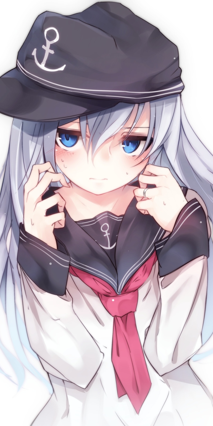 Téléchargez des papiers peints mobile Chapeau, Yeux Bleus, Uniforme, Animé, Rougir, Cheveux Blancs, Collection Kantaï, Hibiki (Kancolle) gratuitement.