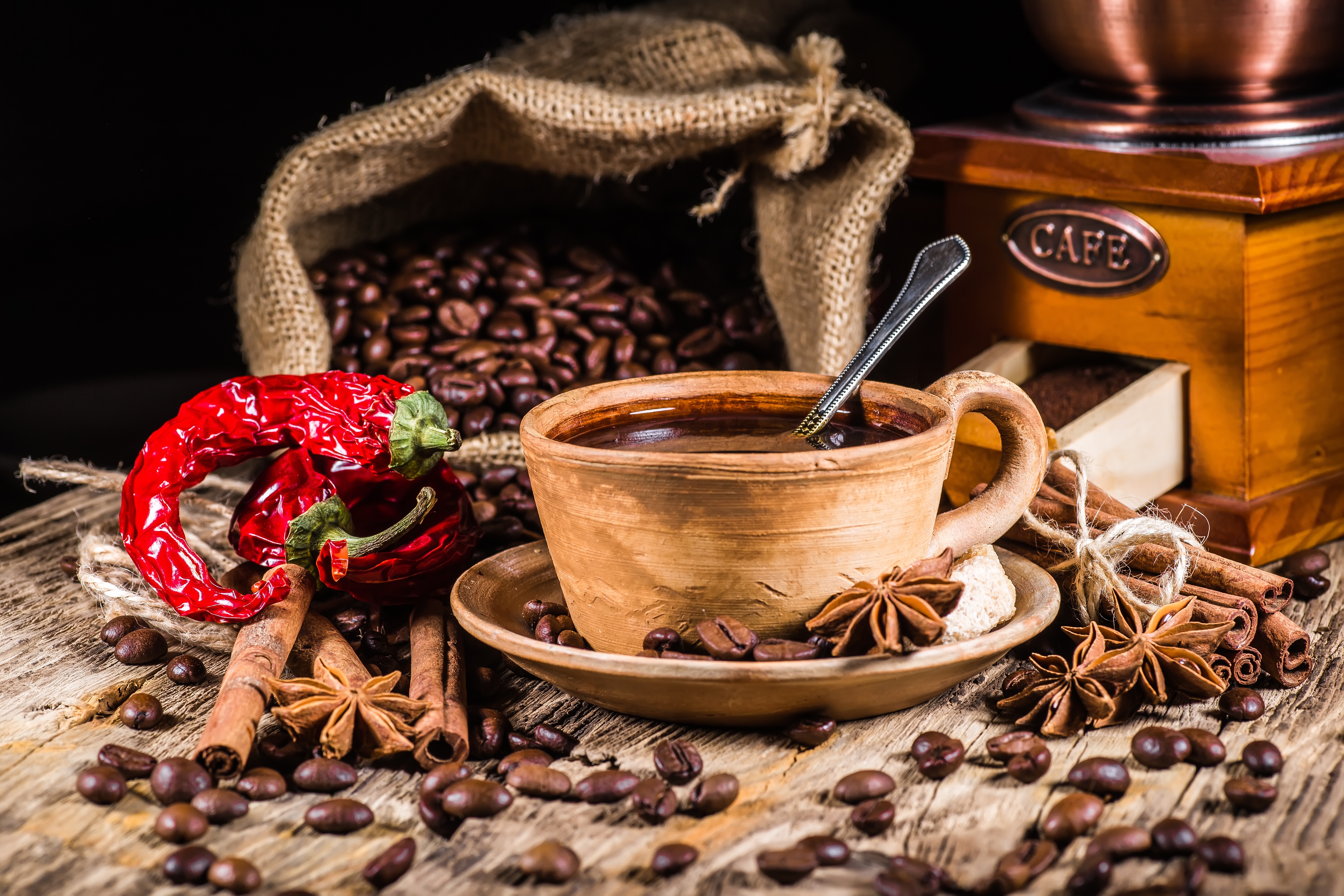 cinnamon, food, coffee, coffee beans, cup, pepper, star anise, still life