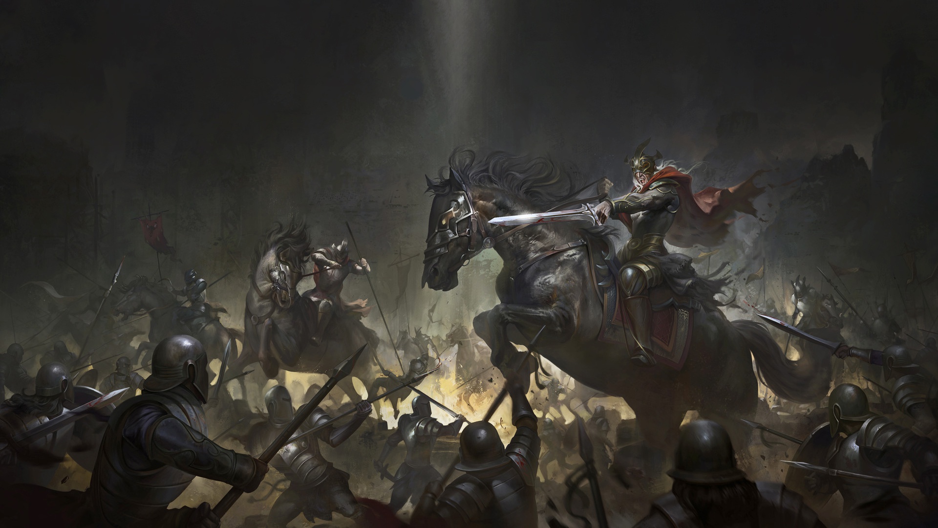 Baixar papel de parede para celular de Fantasia, Guerreiro, Cavalo, Cavaleiro, Batalha, Armaduras, Espada gratuito.
