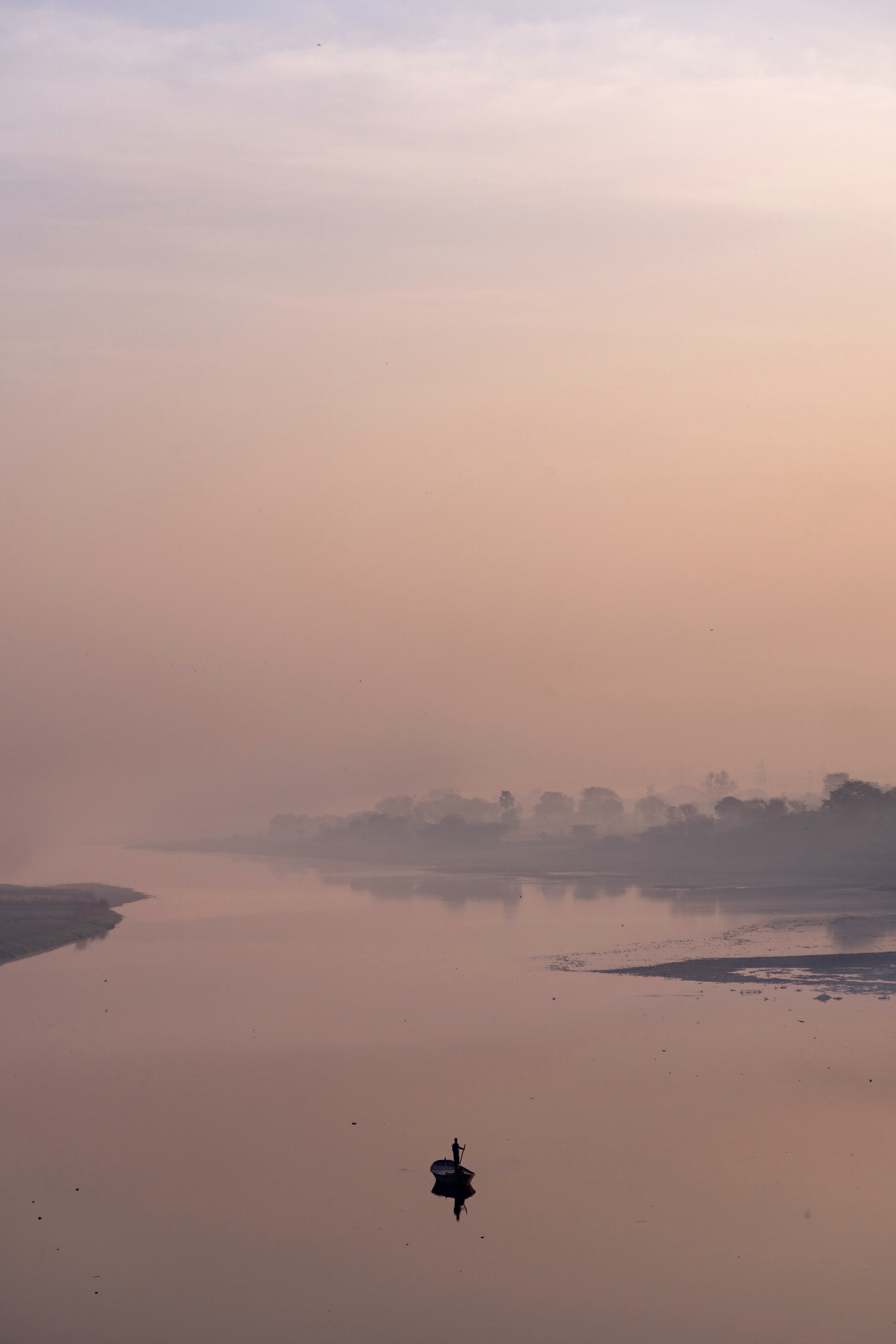 nature, rivers, fog, silence, boat, alone, lonely, calm, windless