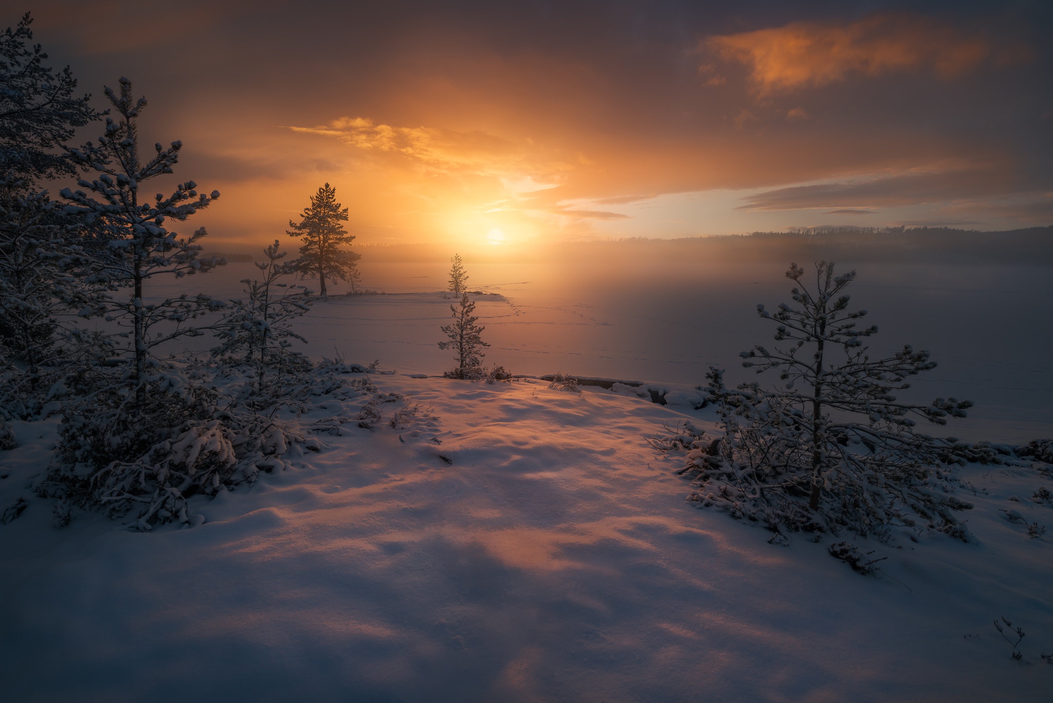 Download mobile wallpaper Winter, Nature, Snow, Fog, Sunrise, Earth, Norway for free.