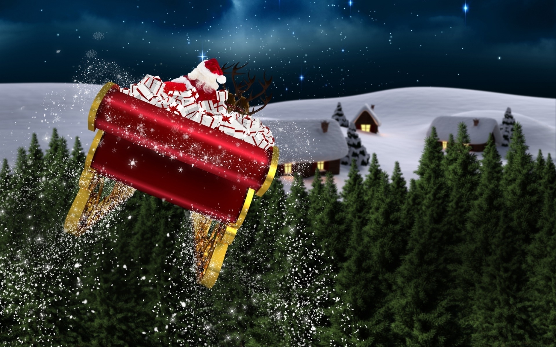 holiday, christmas, forest, house, night, santa claus, sled, snow