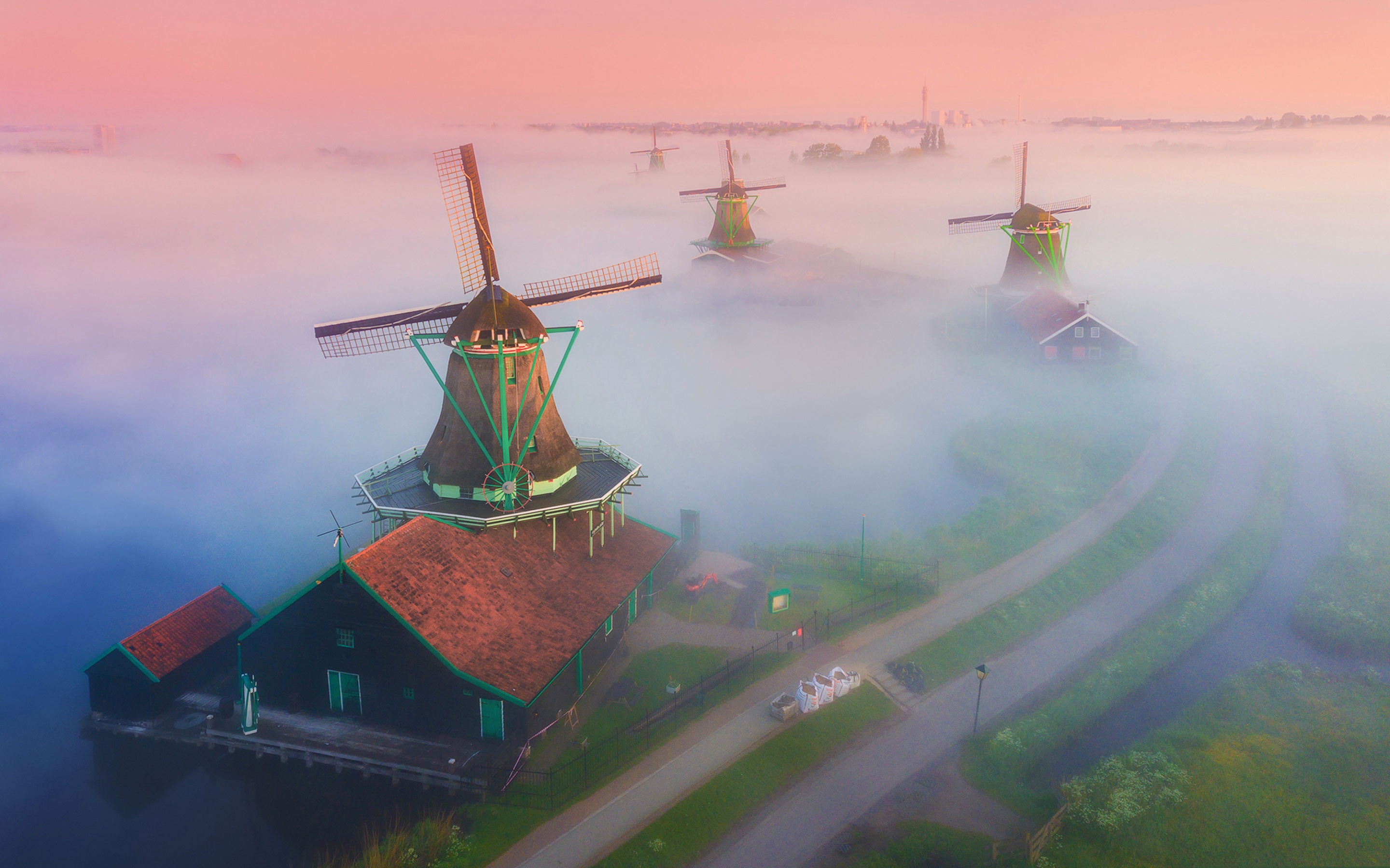 Free download wallpaper Building, Fog, Windmill, Man Made on your PC desktop