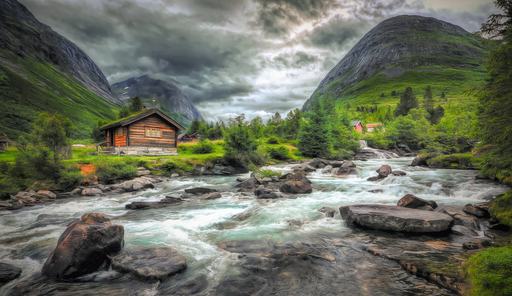Скачать картинку Пейзаж, Река, Гора, Домик, Камень, Норвегия, Фотографии в телефон бесплатно.