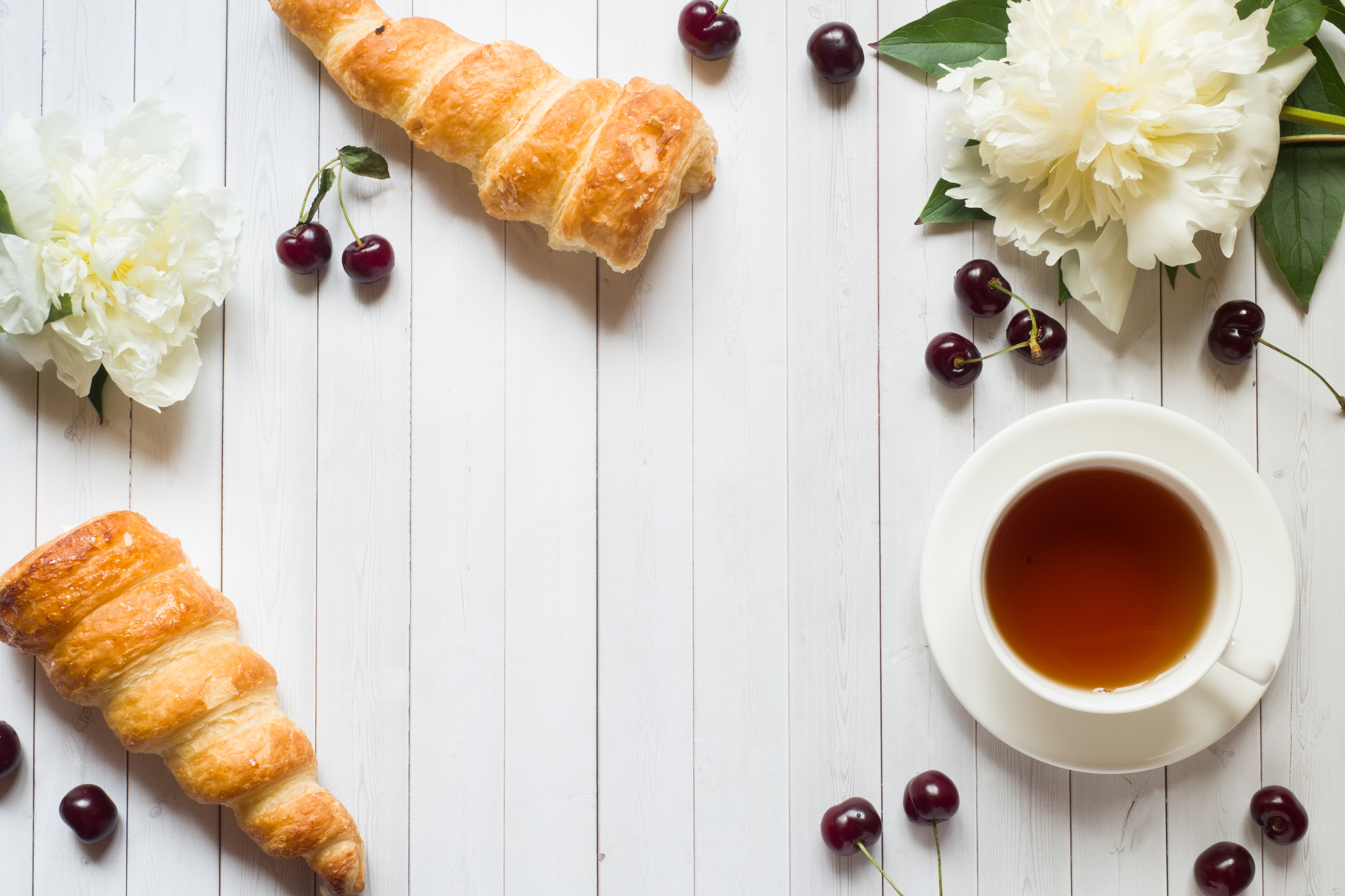 Download mobile wallpaper Food, Cherry, Still Life, Flower, Cup, Tea, Viennoiserie for free.