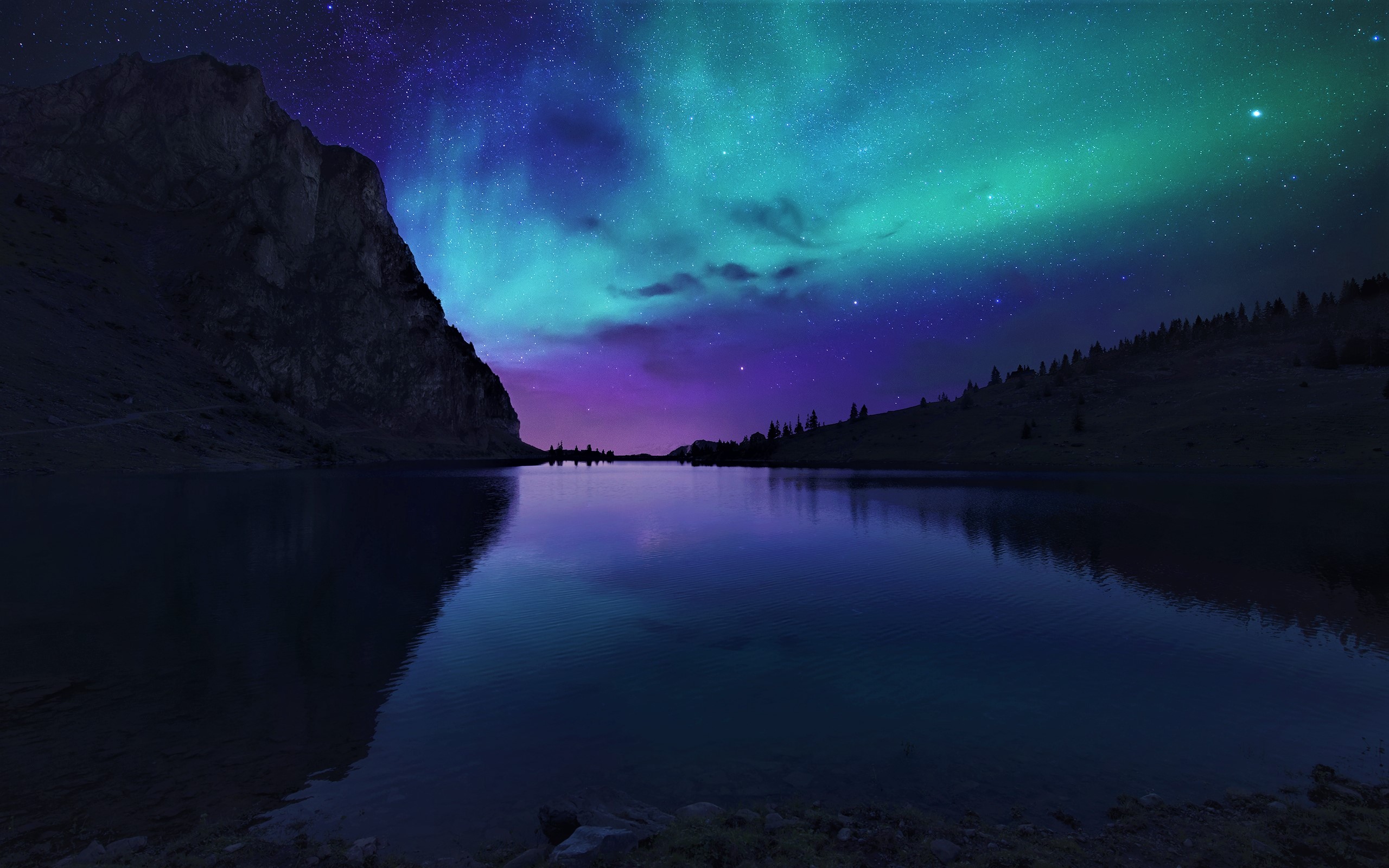 Free download wallpaper Stars, Night, Mountain, Lake, Light, Silhouette, Starry Sky, Earth, Aurora Borealis on your PC desktop