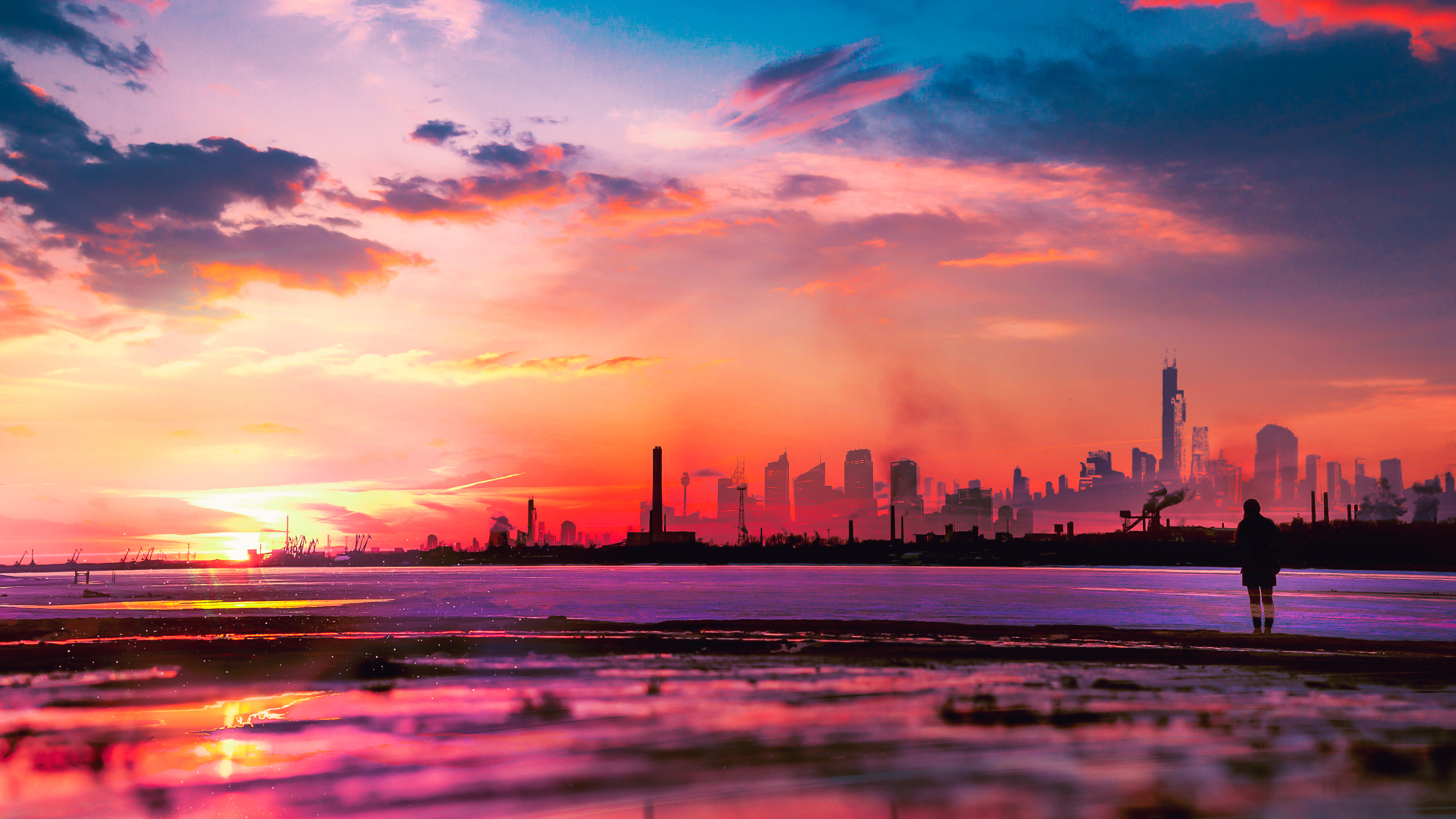 Free download wallpaper Sunset, Sky, Cityscape, Artistic on your PC desktop