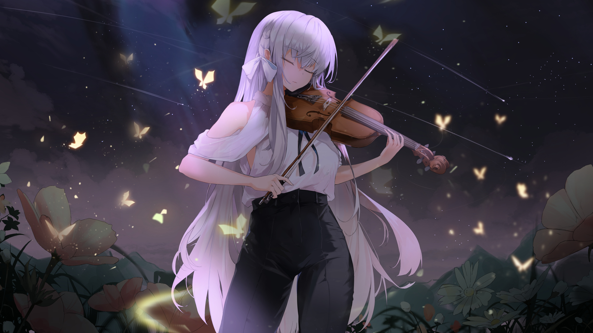 Free download wallpaper Music, Anime, Violin, Long Hair, White Hair, Instrument on your PC desktop