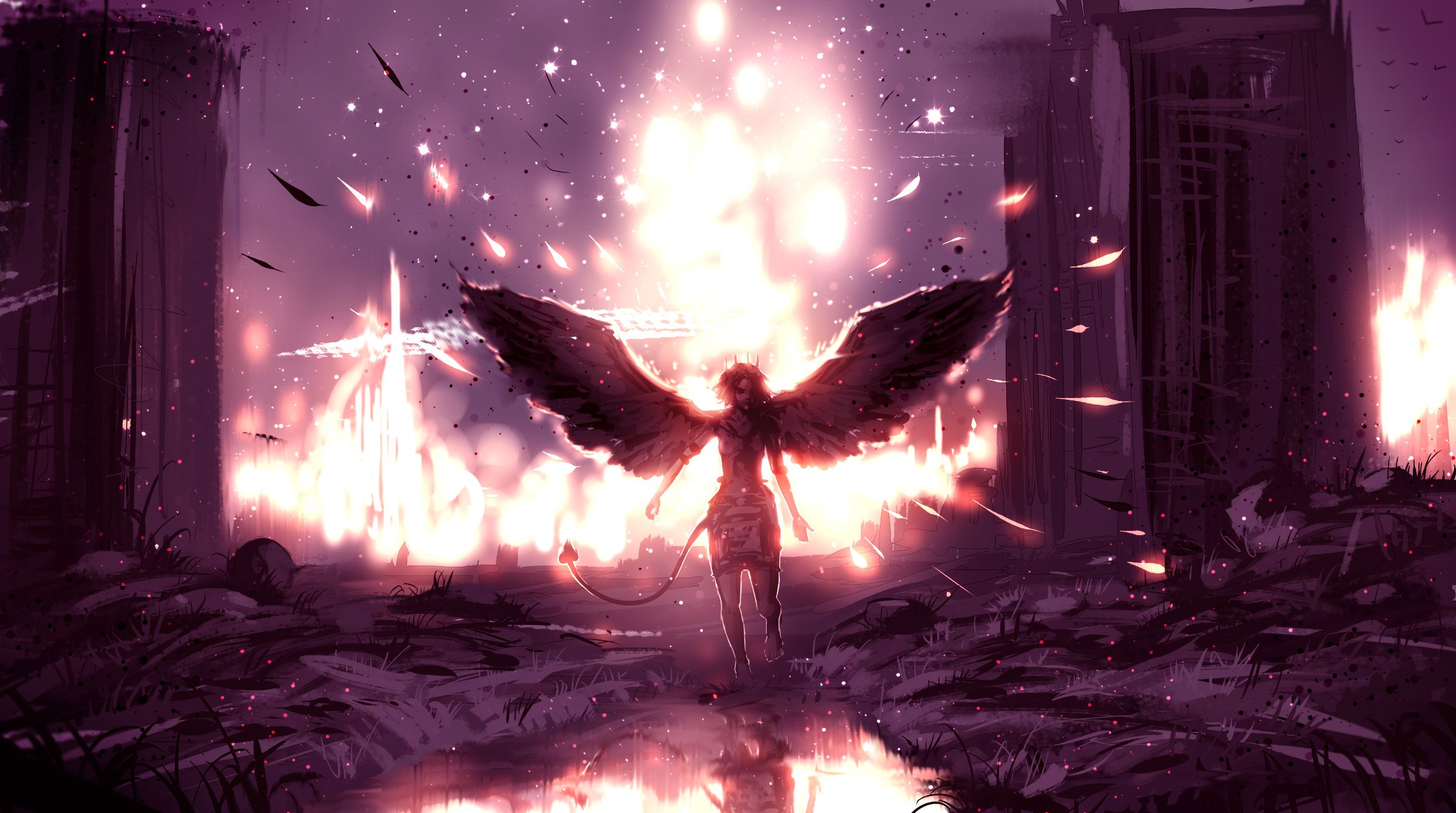 Download mobile wallpaper Anime, Light, Bird, Wings, Angel, Tail, Ruin, Original for free.