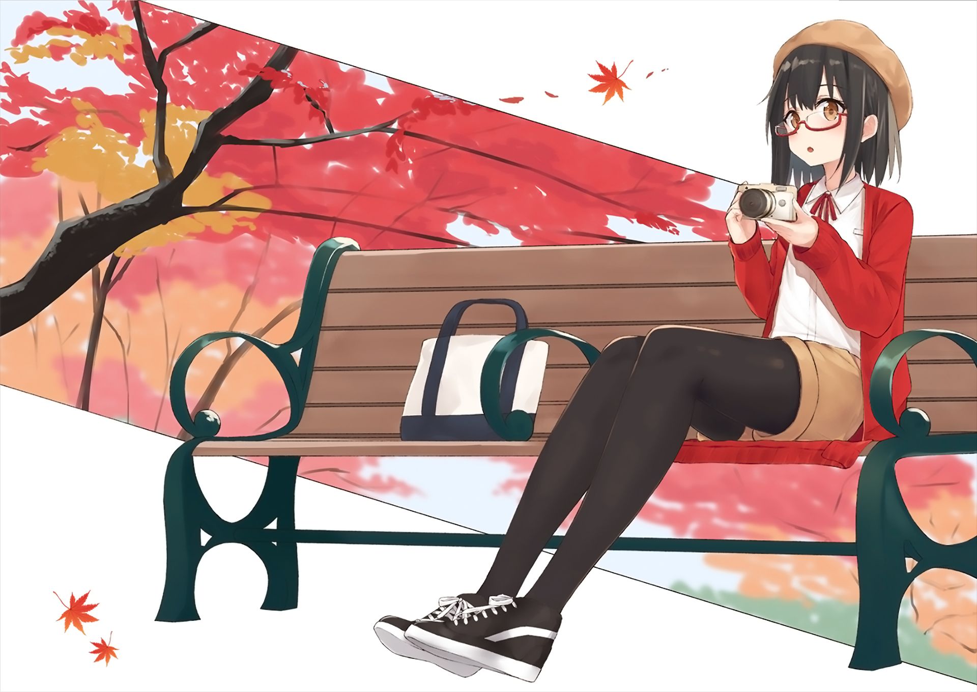 Download mobile wallpaper Anime, Bench, Camera, Glasses, Original, Short Hair, Thigh Highs for free.
