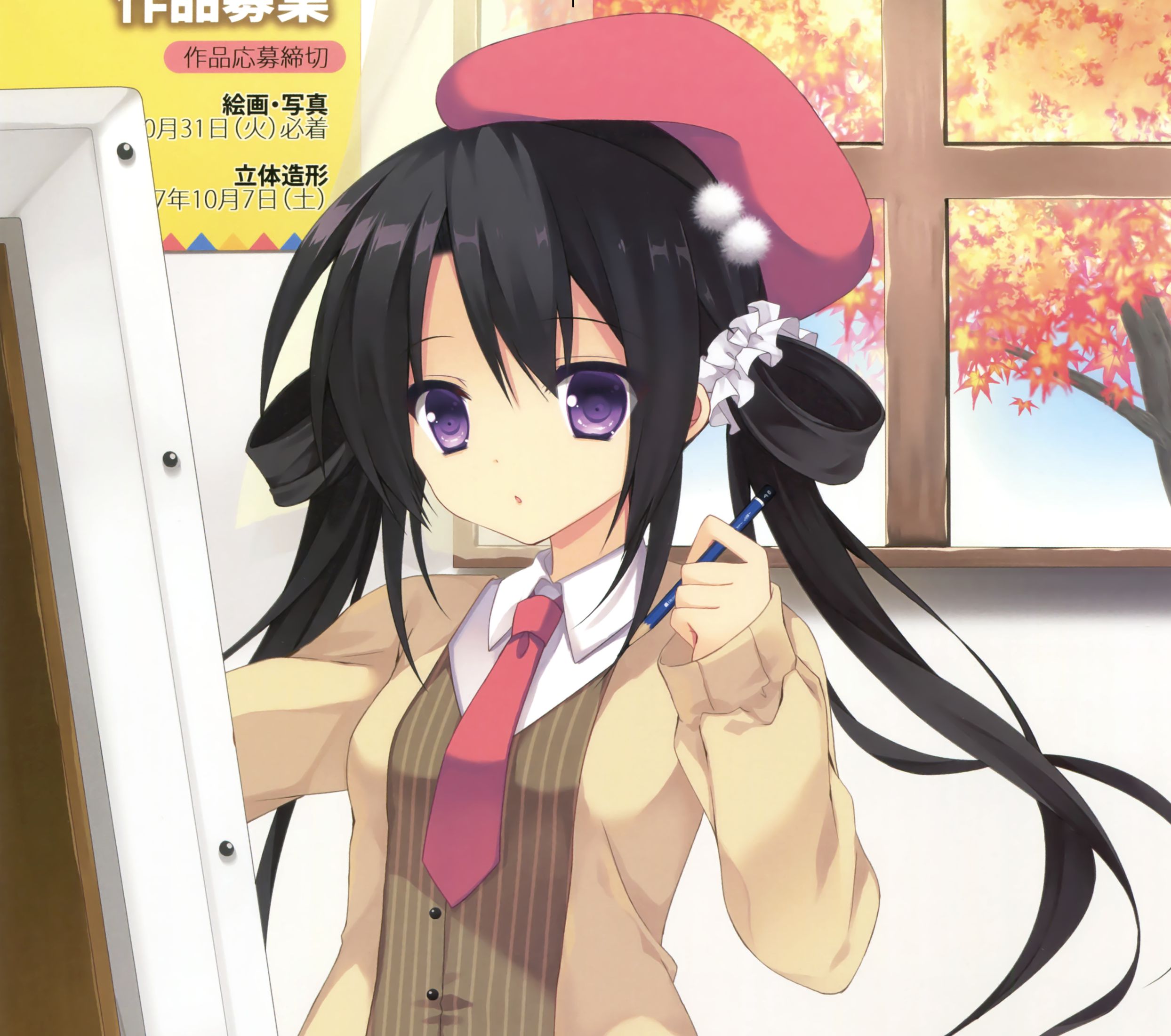 Free download wallpaper Anime, Pencil, Hat, Tie, Original, Black Hair, Purple Eyes, Twintails on your PC desktop