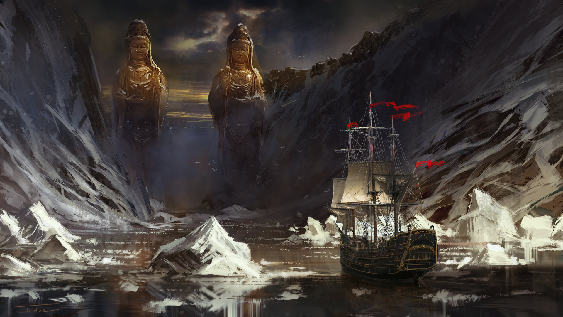 Free download wallpaper Fantasy, Statue, Ship, Iceberg on your PC desktop