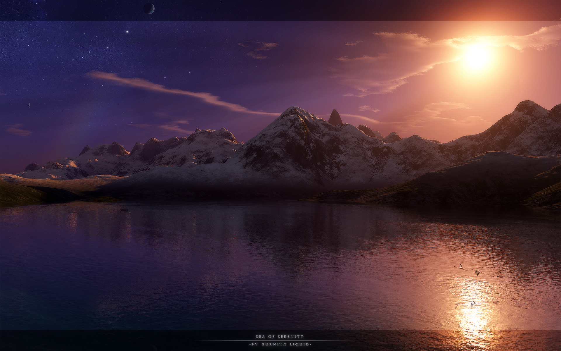 Free download wallpaper Landscape, Water, Sea, Night, Moon, Mountain, 3D, Artistic on your PC desktop