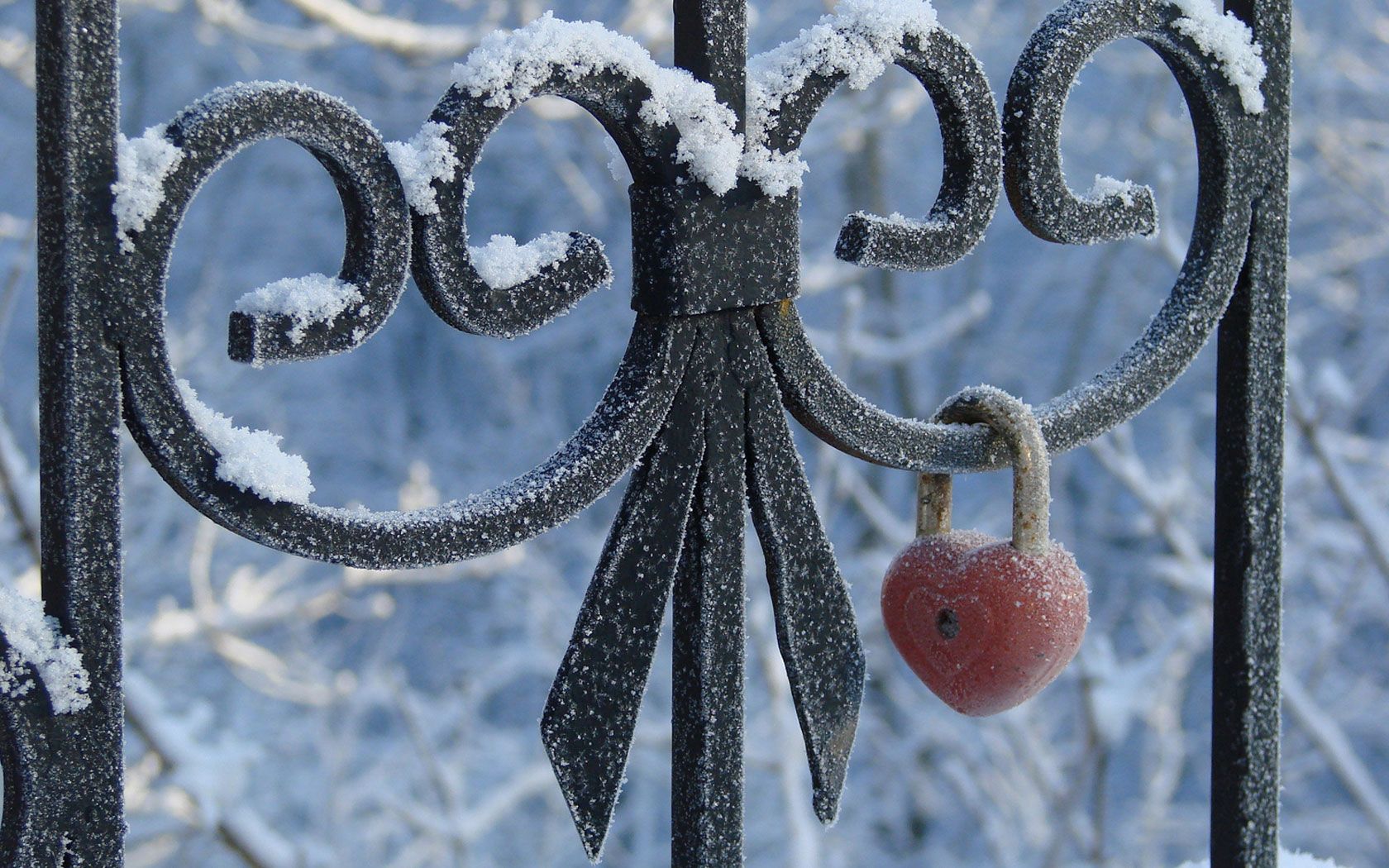 snow, love, lock, fence, heart, creative