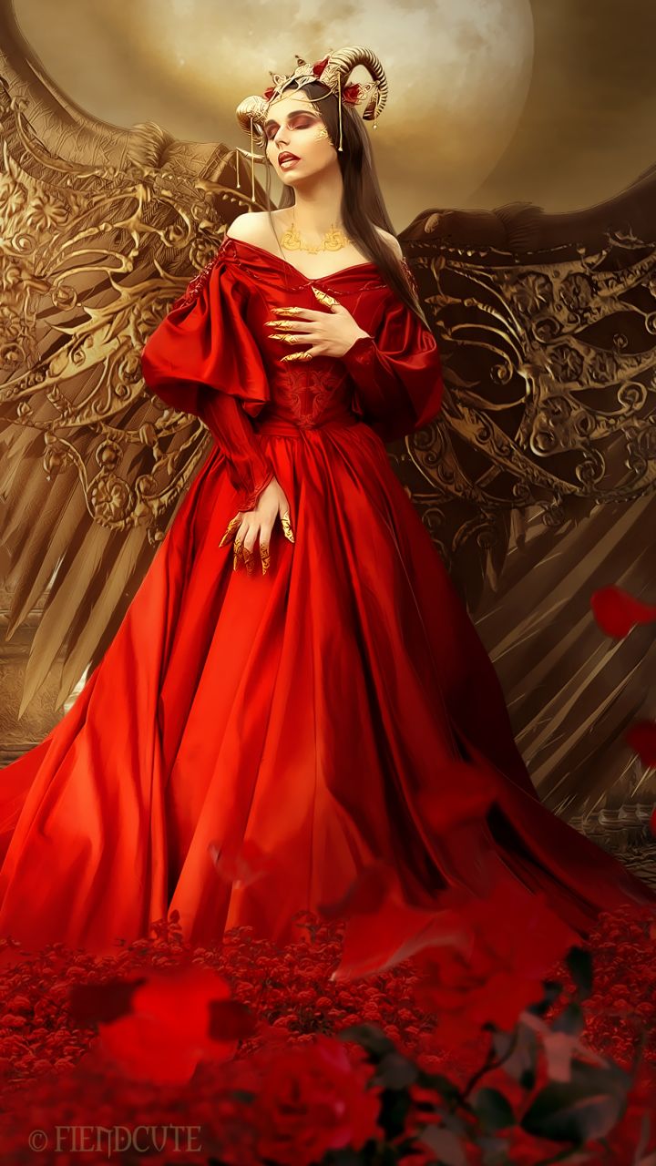 Download mobile wallpaper Fantasy, Angel, Horns, Red Dress for free.