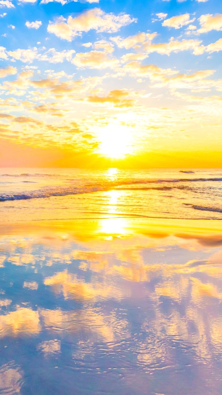 Download mobile wallpaper Sunset, Sea, Beach, Horizon, Reflection, Ocean, Earth, Cloud for free.