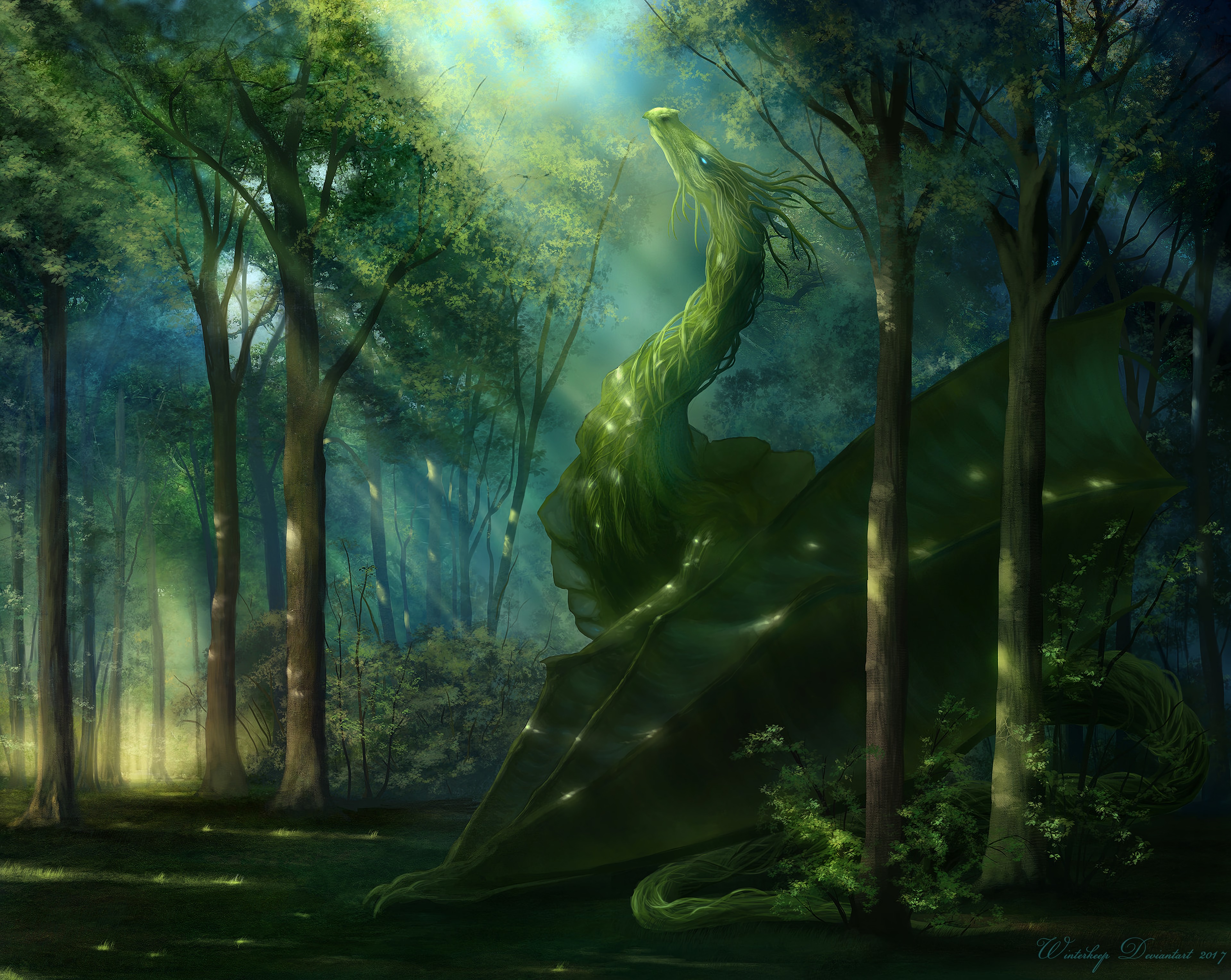 141471 скачать обои дракон, лес, зеленый, арт, солнечный свет - заставки и картинки бесплатно