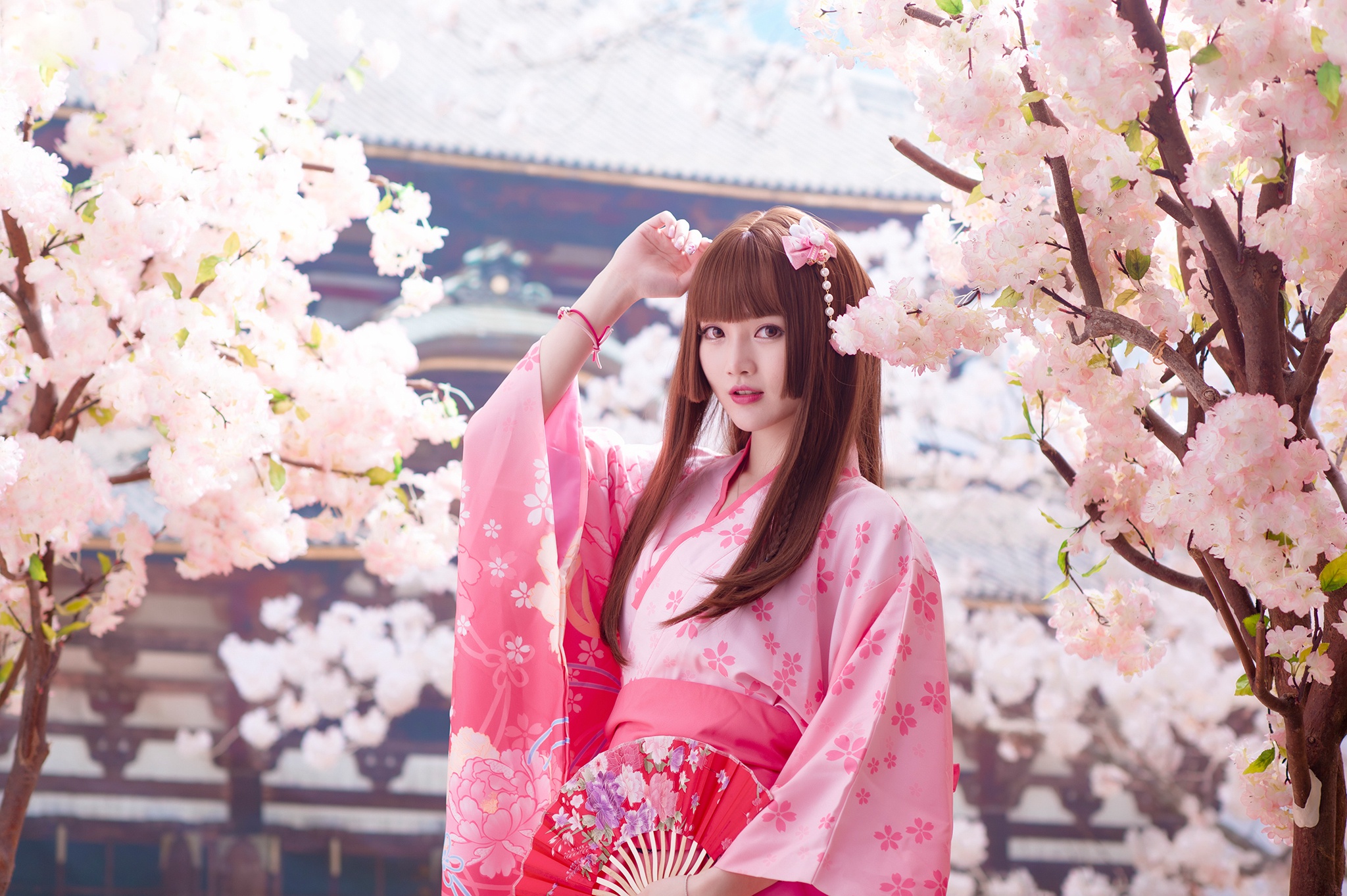 Download mobile wallpaper Flower, Spring, Kimono, Brunette, Model, Women, Blossom, Asian for free.