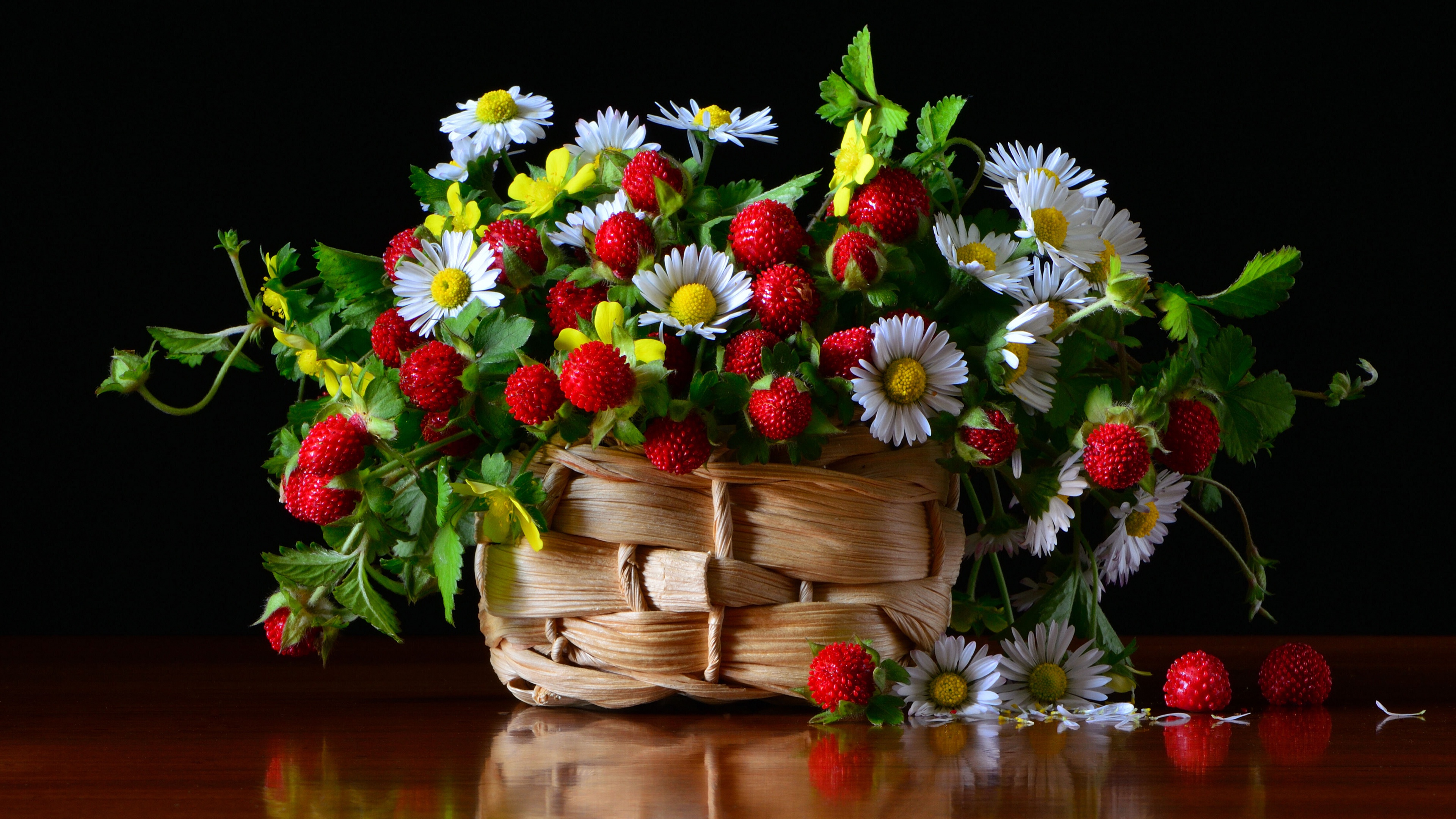 still life, bouquet, food, basket, berry, chamomile, flower, strawberry