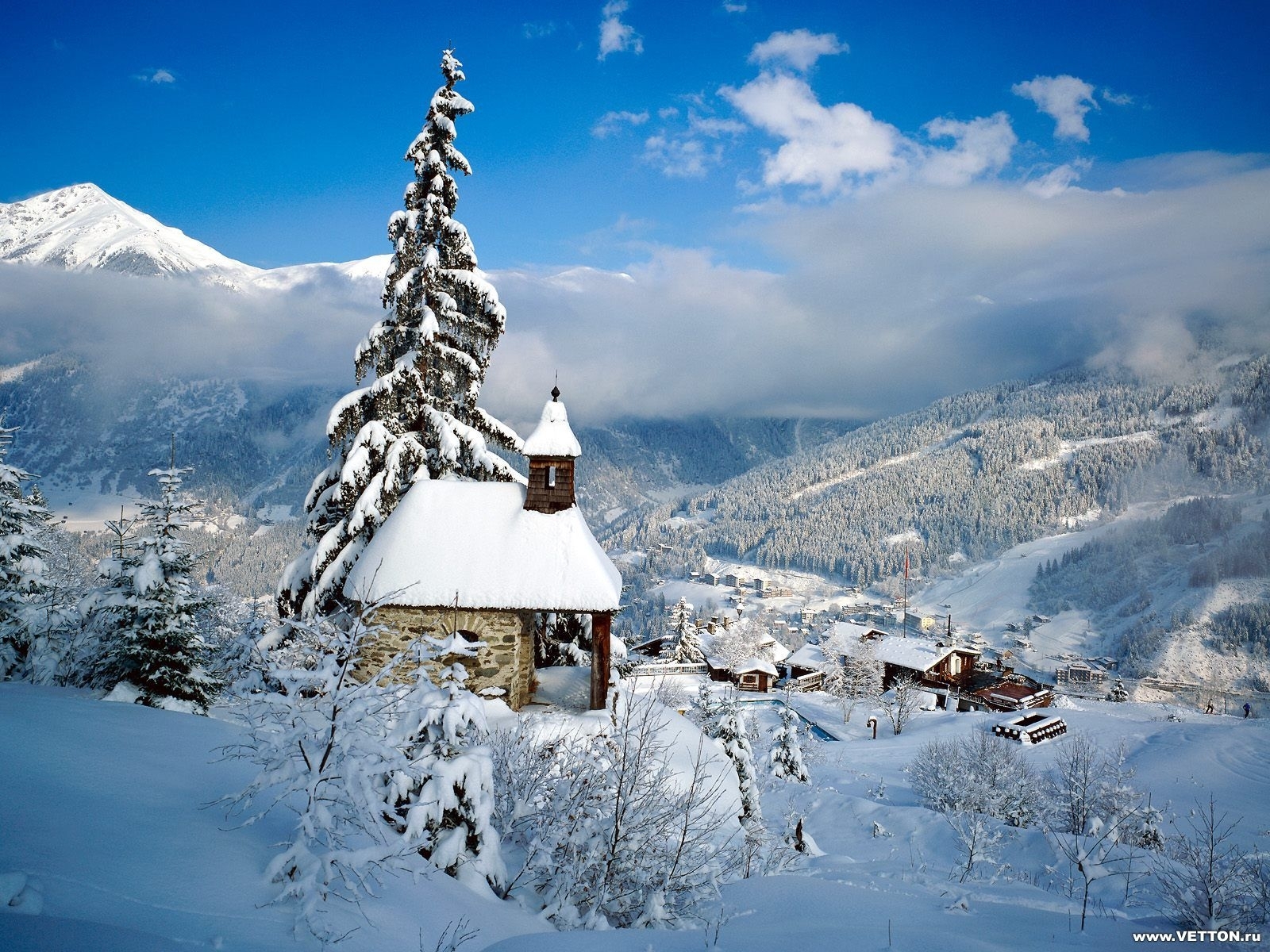 winter, landscape, houses, snow, blue HD wallpaper