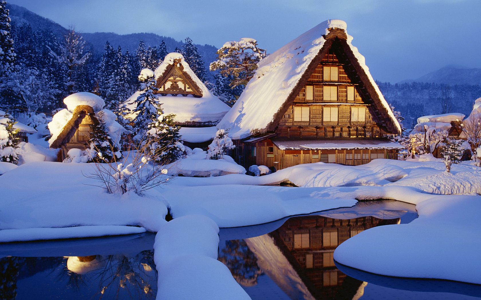 japan, winter, nature, houses, snow, lake, reflection, shine, light, small houses