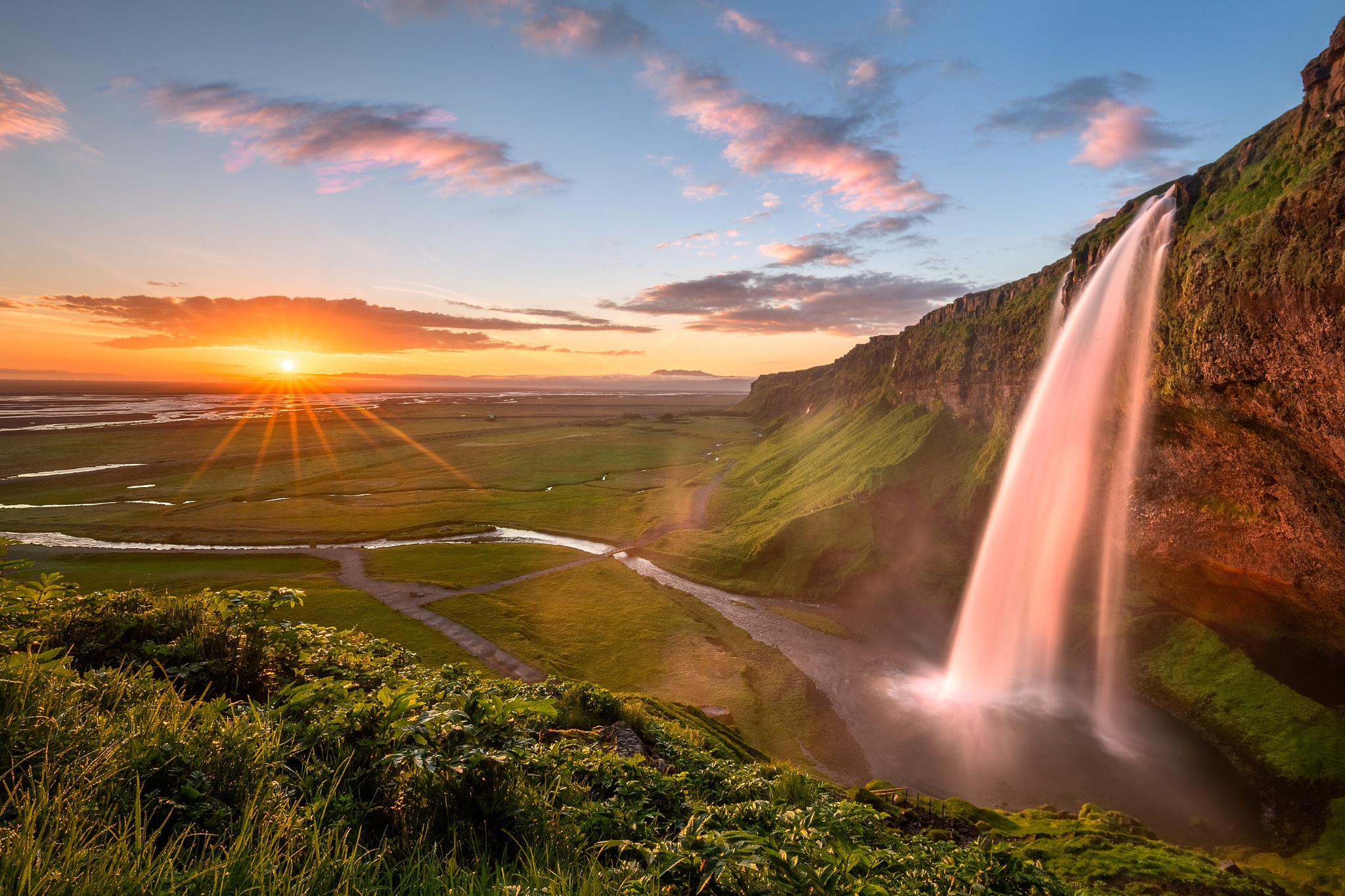 504291壁紙のダウンロード地球, セリャラントスフォス, アイスランド, 風景, 日の出, 滝-スクリーンセーバーと写真を無料で