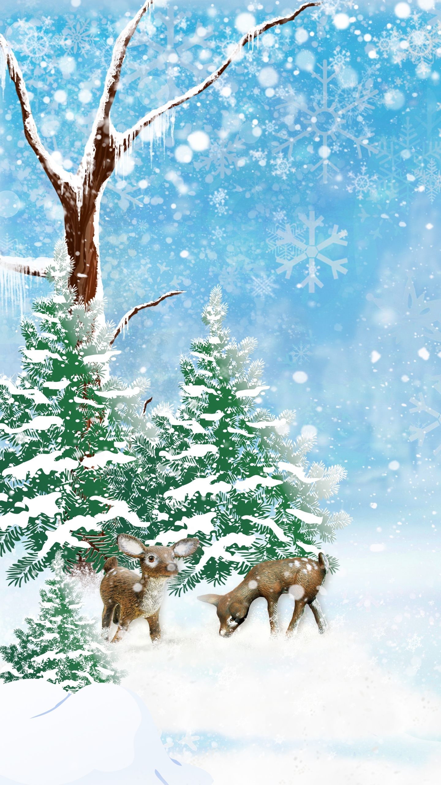 Скачать картинку Зима, Снег, Лес, Дерево, Олень, Художественные в телефон бесплатно.