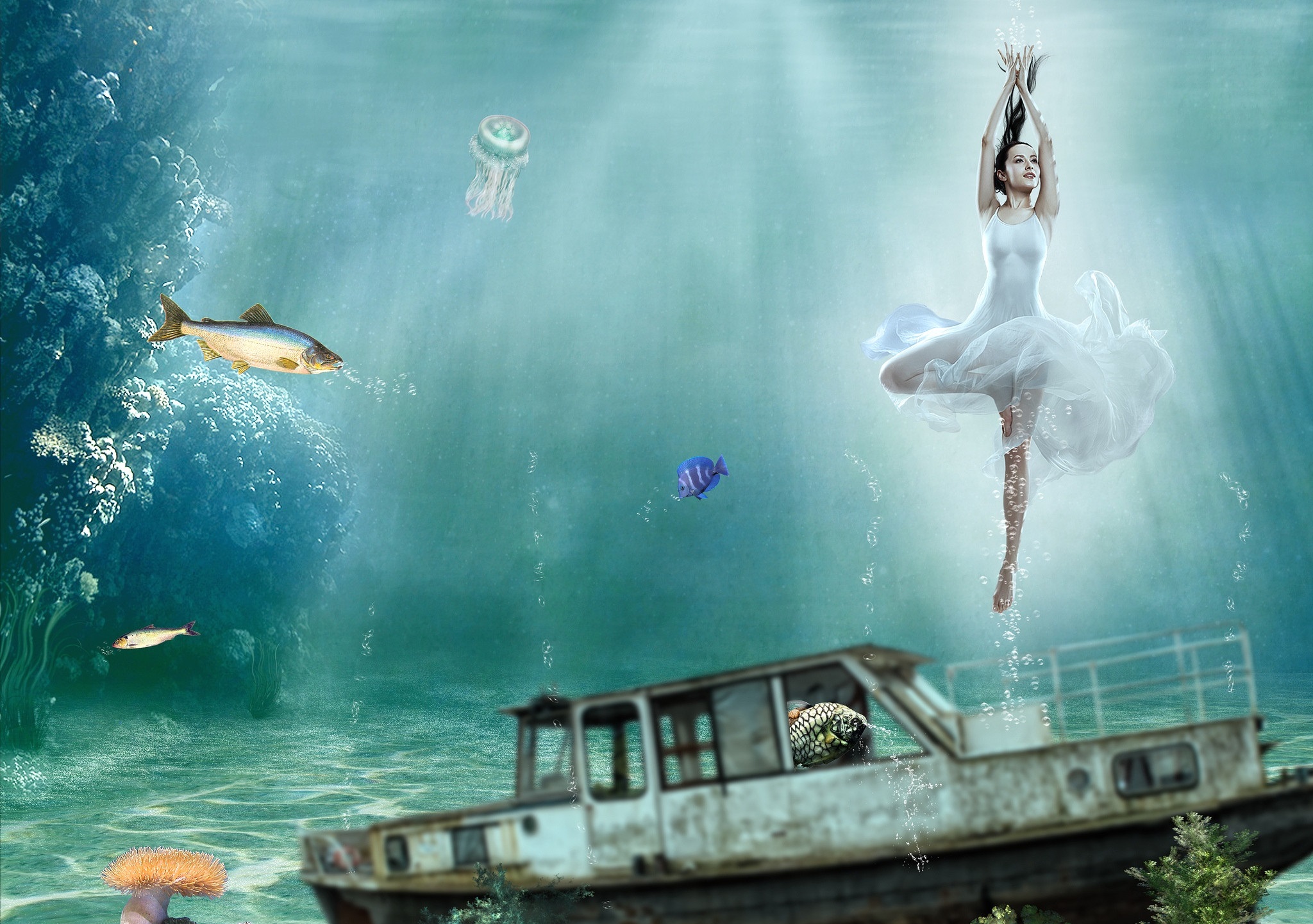 Free download wallpaper Fantasy, Underwater, Women, Wreck on your PC desktop