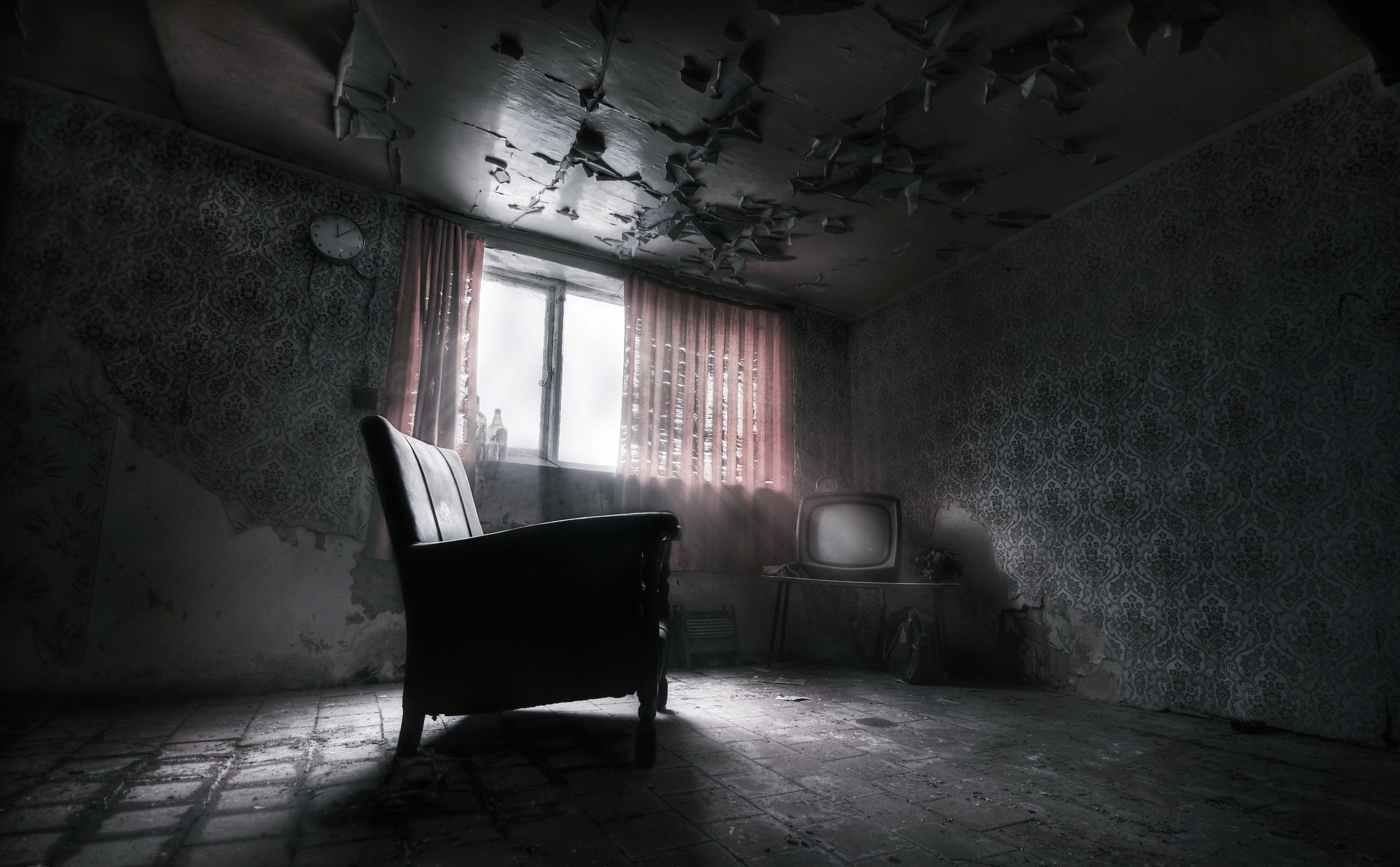 man made, room, abandoned, chair, television, window Full HD