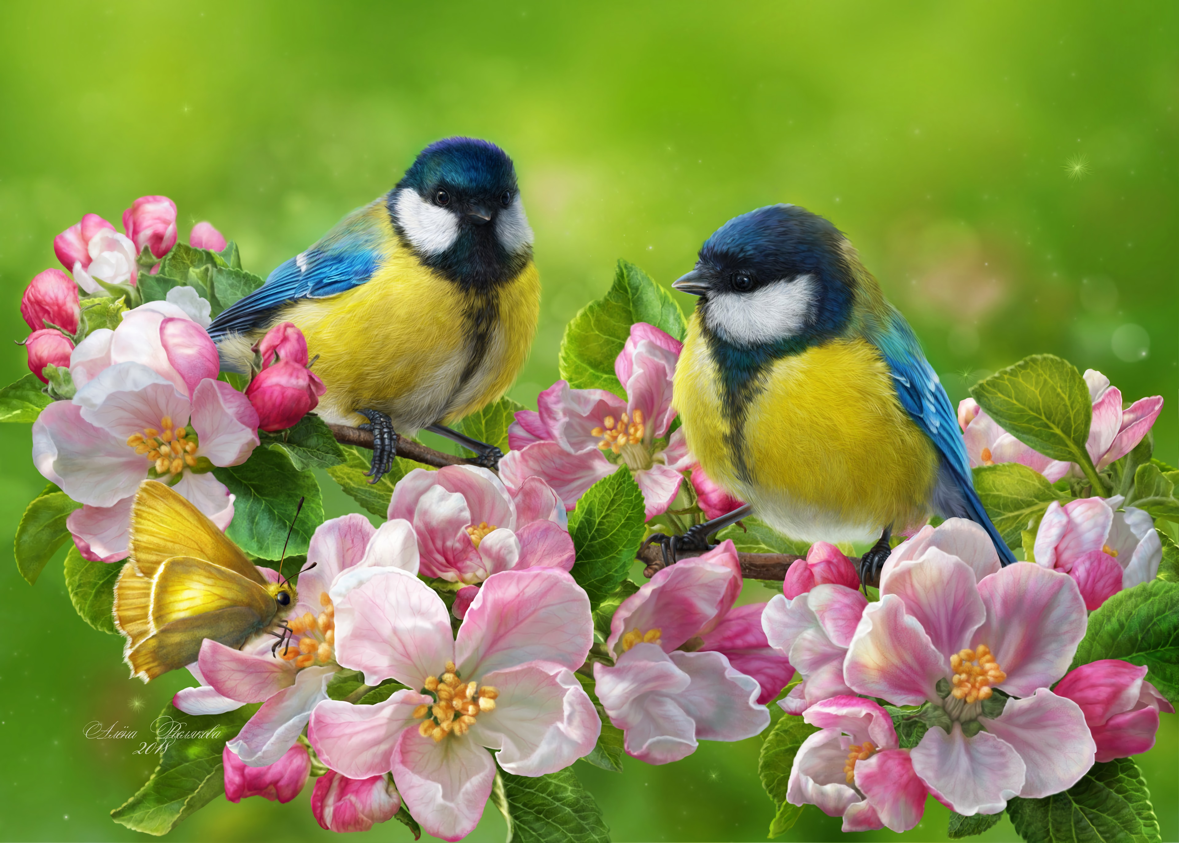 67460 скачать картинку птица, цветы, арт, яркий, синица - обои и заставки бесплатно