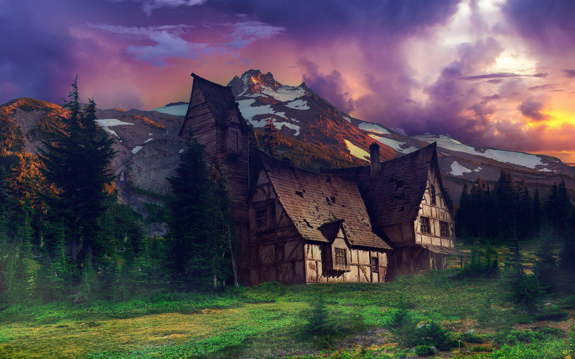 Free download wallpaper Landscape, Fantasy, Sunset, Mountain, Forest, Tree, House on your PC desktop