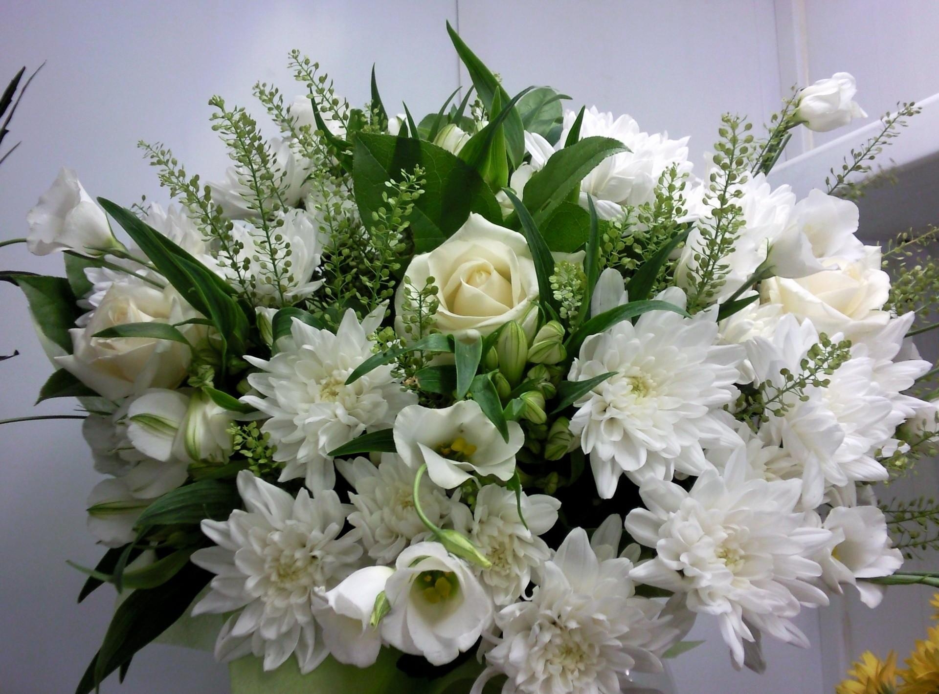 bouquet, roses, flowers, chrysanthemum, white, snow white 2160p