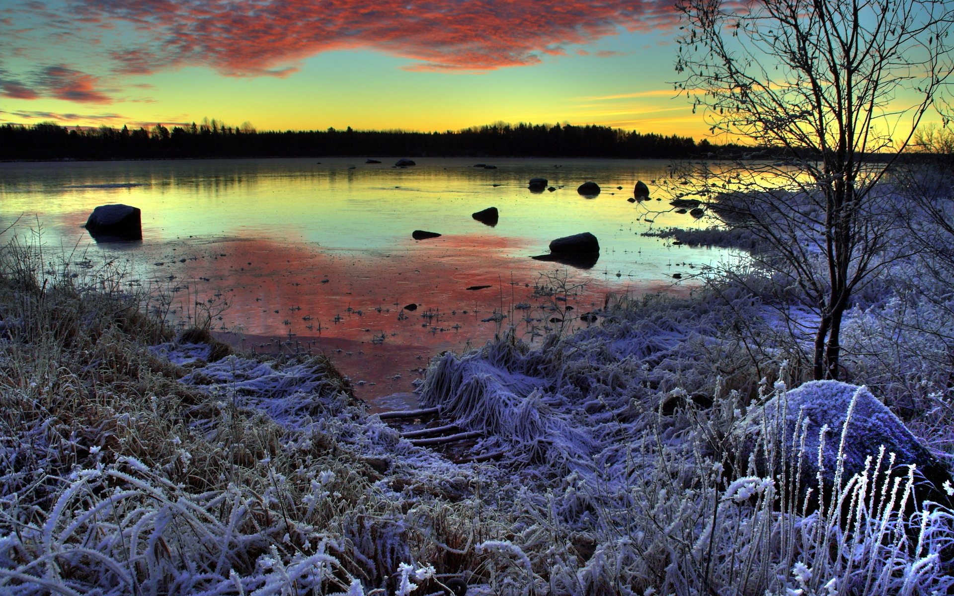 frost, nature, earth, lake, season, sunset, winter, lakes