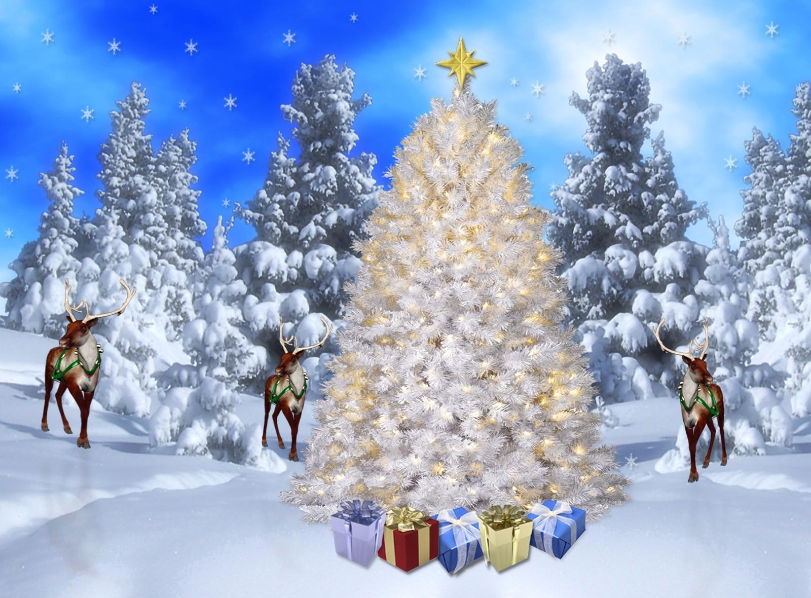 108096 скачать картинку подарки, праздник, праздники, елки, снежинки, снег, олени, лес - обои и заставки бесплатно