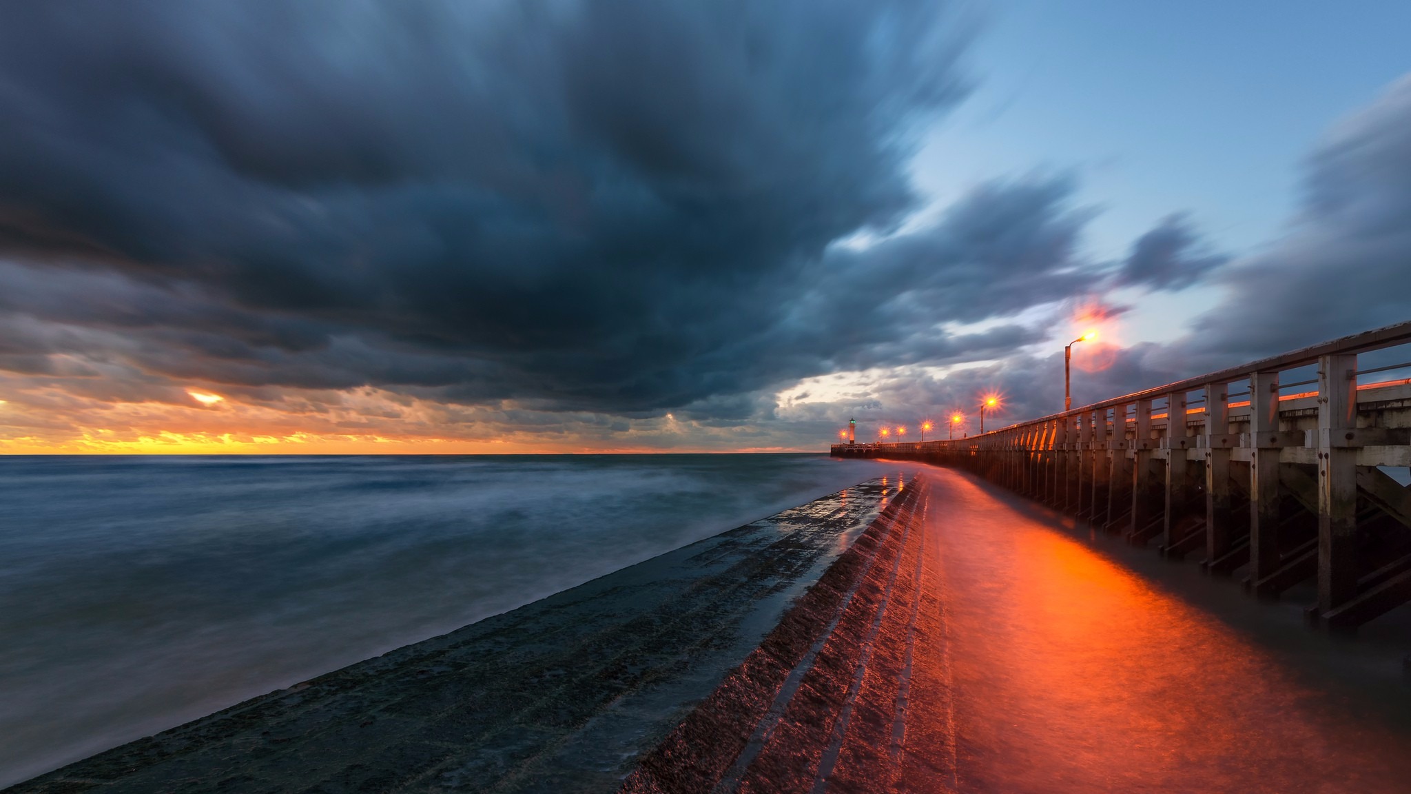 Download mobile wallpaper Sunset, Horizon, Light, Pier, Ocean, Earth, Photography for free.
