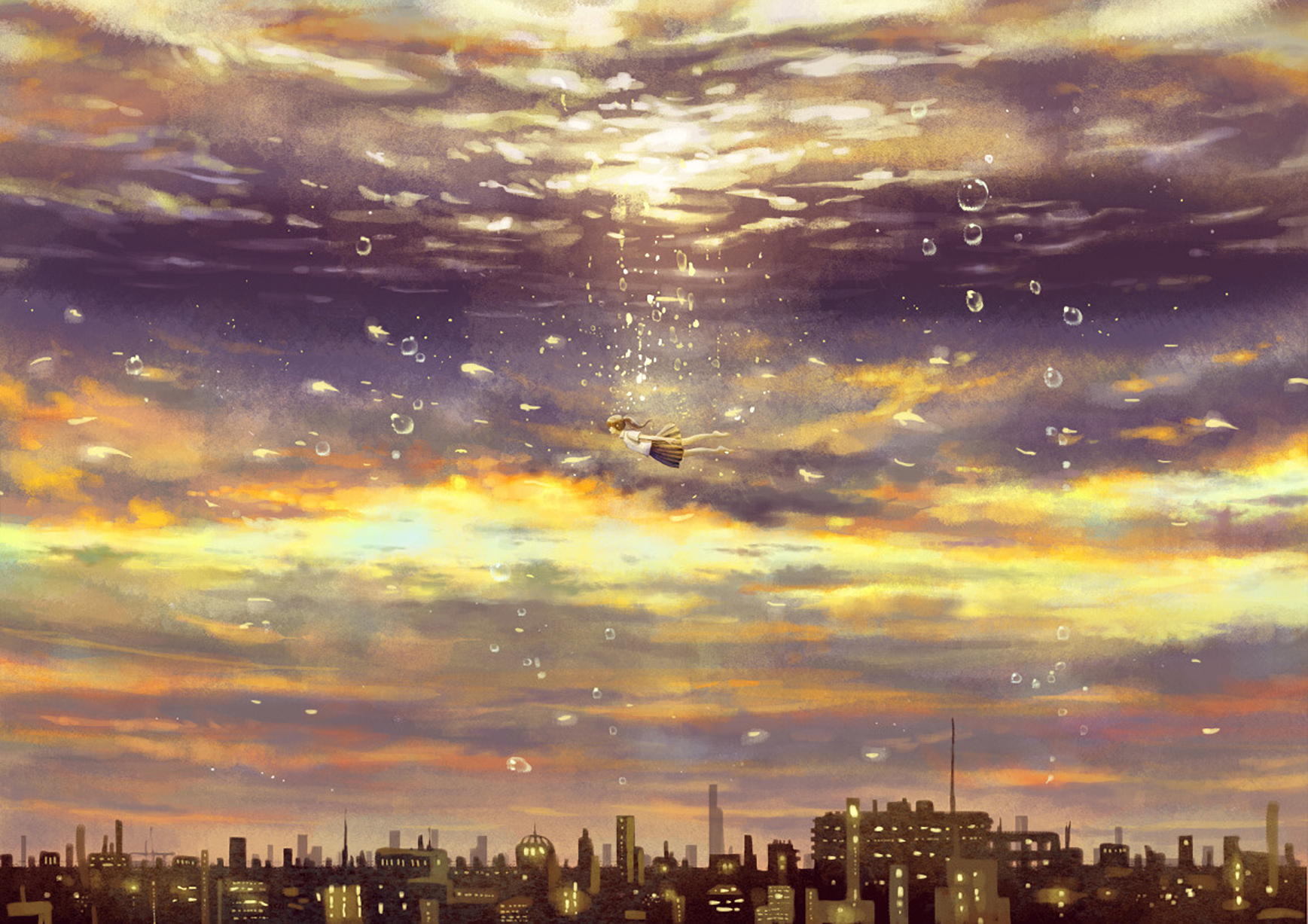 Download mobile wallpaper Anime, Water, Fantasy, Sky, City, Building, Light, Cloud, Original for free.