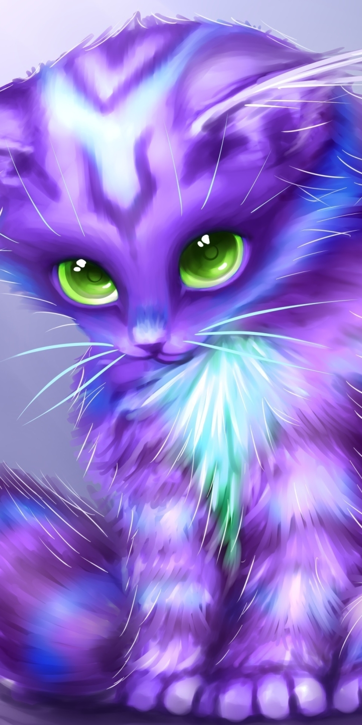 Download mobile wallpaper Fantasy, Cat, Purple, Green Eyes, Fantasy Animals for free.