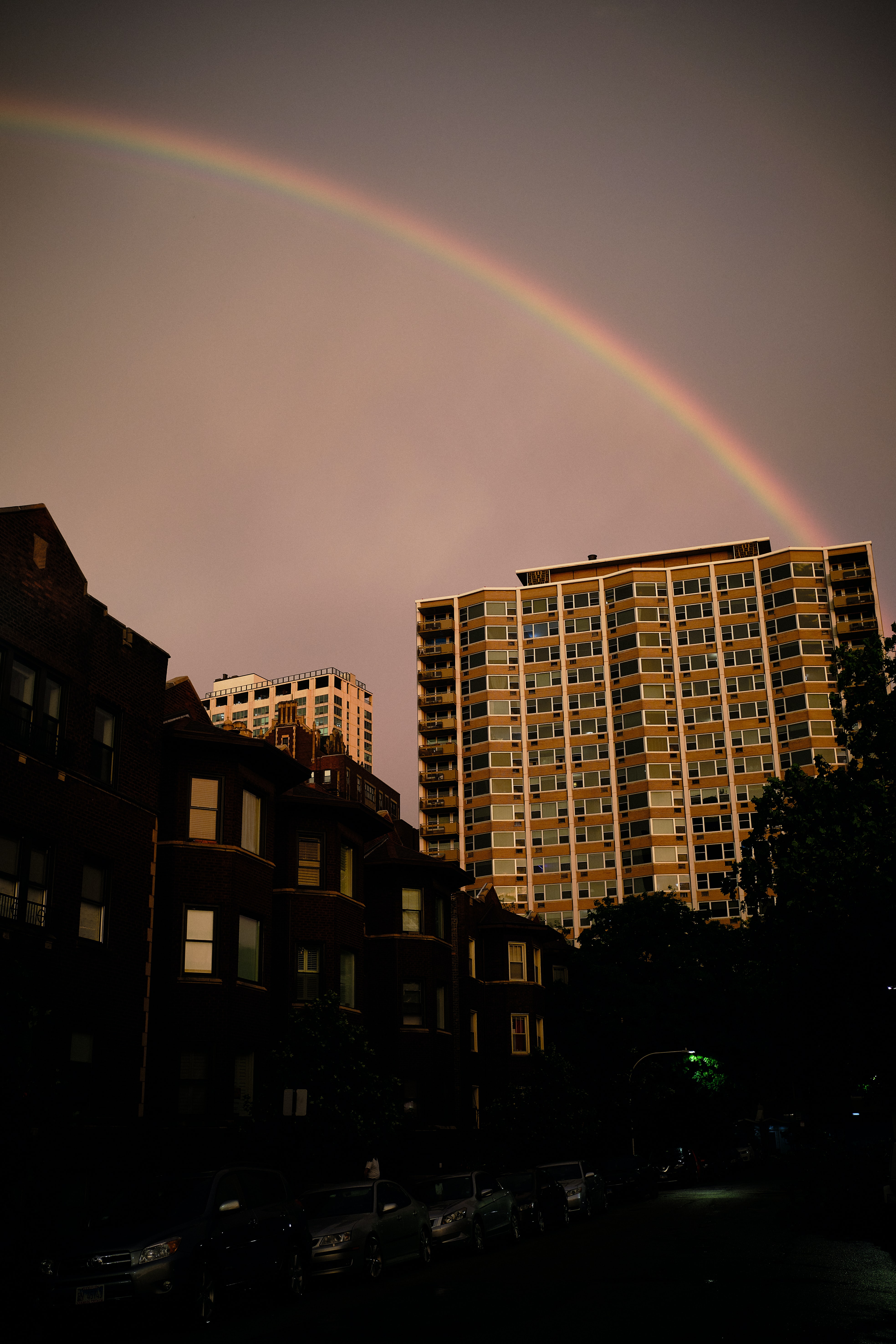 Download mobile wallpaper City, Cities, Building, Sky, Architecture, Rainbow for free.