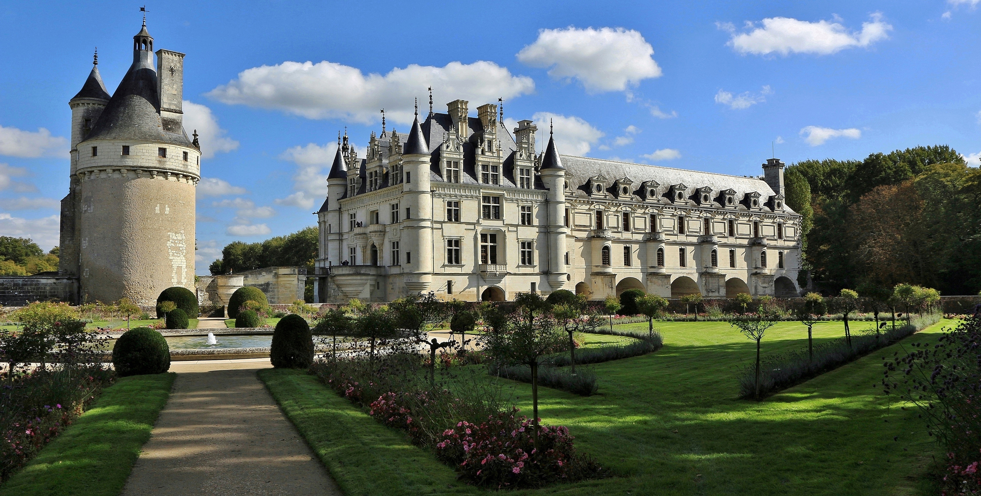 man made, château de chenonceau, architecture, castle, fountain, france, garden, park, tower, castles